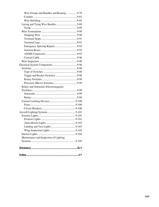 Wire Groups and Bundles and Routing.................9-78
    Conduit..................................................................9-83
    Wire Shielding.......................................................9-85
  Lacing and Tying Wire Bundles...............................9-88
    Tying......................................................................9-89
  Wire Termination......................................................9-90
    Stripping Wire ......................................................9-90
    Terminal Strips......................................................9-91
    Terminal Lugs. ......................................................9-91
                         .
    Emergency Splicing Repairs.................................9-92
                                              .
    Junction Boxes . ....................................................9-92
    AN/MS Connectors...............................................9-93
    Coaxial Cable........................................................9-96
                       .
  Wire Inspection.........................................................9-96
Electrical System Components.....................................9-96
  Switches....................................................................9-96
    Type of Switches...................................................9-98
    Toggle and Rocker Switches.................................9-98
    Rotary Switches.....................................................9-99
    Precision (Micro) Switches...................................9-99
                                            .
  Relays and Solenoids (Electromagnetic
  Switches)...................................................................9-99
    Solenoids...............................................................9-99
                .
    Relays....................................................................9-99
  Current Limiting Devices........................................9-100
    Fuses....................................................................9-100
    Circuit Breakers...................................................9-100
Aircraft Lighting Systems...........................................9-101
  Exterior Lights........................................................9-101
                     .
    Position Lights.....................................................9-101
    Anticollision Lights.............................................9-102
    Landing and Taxi Lights. ....................................9-103
                                        .
    Wing Inspection Lights.......................................9-104
                                      .
  Interior Lights. ........................................................9-104
                    .
  Maintenance and Inspection of Lighting
  Systems...................................................................9-105
           .

Glossary...............................................................G-1

Index.......................................................................I-1




                                                                                      xxiii
 