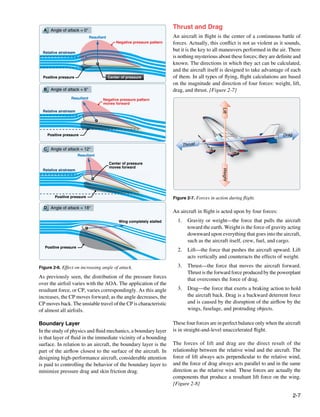 A Angle of attack = 0°
                                                                         Thrust and Drag
                             Resultant                                   An aircraft in flight is the center of a continuous battle of
                                             Negative pressure pattern   forces. Actually, this conflict is not as violent as it sounds,
  Relative airstream
                                                                         but it is the key to all maneuvers performed in the air. There
                                                                         is nothing mysterious about these forces; they are definite and
                                                                         known. The directions in which they act can be calculated,
                                                                         and the aircraft itself is designed to take advantage of each
  Positive pressure                      Center of pressure              of them. In all types of flying, flight calculations are based
                                                                         on the magnitude and direction of four forces: weight, lift,
  B Angle of attack = 6°                                                 drag, and thrust. [Figure 2-7]
                 Resultant          Negative pressure pattern
                                    moves forward




                                                                                                  Lift
  Relative airstream




    Positive pressure                                                                                                          Drag

                                                                             Thrust
  C Angle of attack = 12°
                       Resultant

                                         Center of pressure
                                         moves forward




                                                                                                  Weight
  Relative airstream




        Positive pressure
                      u                                                  Figure 2-7. Forces in action during flight.

  D Angle of attack = 18°
                                                                         An aircraft in flight is acted upon by four forces:
                                              Wing completely stalled      1.	 Gravity or weight—the force that pulls the aircraft
                                                                               toward the earth. Weight is the force of gravity acting
                                                                               downward upon everything that goes into the aircraft,
                                                                               such as the aircraft itself, crew, fuel, and cargo.
   Positive pressure
                                                                           2.	 Lift—the force that pushes the aircraft upward. Lift
                                                                               acts vertically and counteracts the effects of weight.
Figure 2-6. Effect on increasing angle of attack.                          3.	 Thrust—the force that moves the aircraft forward.
                                                                               Thrust is the forward force produced by the powerplant
As previously seen, the distribution of the pressure forces                    that overcomes the force of drag.
over the airfoil varies with the AOA. The application of the
resultant force, or CP, varies correspondingly. As this angle              3.	 Drag—the force that exerts a braking action to hold
increases, the CP moves forward; as the angle decreases, the                   the aircraft back. Drag is a backward deterrent force
CP moves back. The unstable travel of the CP is characteristic                 and is caused by the disruption of the airflow by the
of almost all airfoils.                                                        wings, fuselage, and protruding objects.

Boundary Layer                                                           These four forces are in perfect balance only when the aircraft
In the study of physics and fluid mechanics, a boundary layer            is in straight-and-level unaccelerated flight.
is that layer of fluid in the immediate vicinity of a bounding
surface. In relation to an aircraft, the boundary layer is the           The forces of lift and drag are the direct result of the
part of the airflow closest to the surface of the aircraft. In           relationship between the relative wind and the aircraft. The
designing high-performance aircraft, considerable attention              force of lift always acts perpendicular to the relative wind,
is paid to controlling the behavior of the boundary layer to             and the force of drag always acts parallel to and in the same
minimize pressure drag and skin friction drag.                           direction as the relative wind. These forces are actually the
                                                                         components that produce a resultant lift force on the wing.
                                                                         [Figure 2-8]

                                                                                                                                      2-7
 