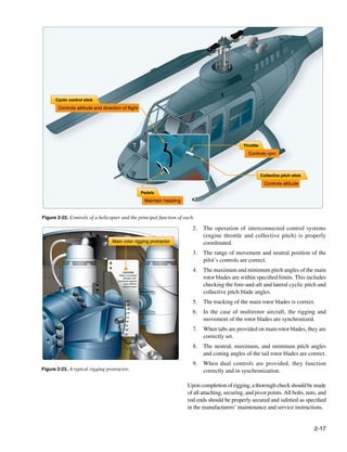 Cyclic control stick

       Controls attitude and direction of flight




                                                                                                         Throttle
                                                                                                            Controls rpm



                                                                                                                    Collective pitch stick

                                                                                                                      Controls altitude
                                                           Pedals

                                                            Maintain heading


Figure 2-22. Controls of a helicopter and the principal function of each.

                                                                                 2.	 The operation of interconnected control systems
                                                                                     (engine throttle and collective pitch) is properly
                                  Main rotor rigging protractor                      coordinated.
                                                                                 3.	 The range of movement and neutral position of the
                                                                                     pilot’s controls are correct.
                                           CAUTION
                                                                                 4.	 The maximum and minimum pitch angles of the main
                                      Make sure blade
                                           dampers are
                                     positioned against
                                                                                     rotor blades are within specified limits. This includes
                                           auto-rotation
                                          inboard stops                              checking the fore-and-aft and lateral cyclic pitch and
                                                                                     collective pitch blade angles.
                                              25°
                                              20°
                                                                                 5.	 The tracking of the main rotor blades is correct.
                                              15°
                                             10°                                 6.	 In the case of multirotor aircraft, the rigging and
                                              5°
                                              0°
                                                                                     movement of the rotor blades are synchronized.
                                             5°
                                            10°                                  7.	 When tabs are provided on main rotor blades, they are
                                           15°
                                                                                     correctly set.
                                                                                 8.	 The neutral, maximum, and minimum pitch angles
                                                                                     and coning angles of the tail rotor blades are correct.
                                                                                 9.	 When dual controls are provided, they function
Figure 2-23. A typical rigging protractor.                                           correctly and in synchronization.

                                                                               Upon completion of rigging, a thorough check should be made
                                                                               of all attaching, securing, and pivot points. All bolts, nuts, and
                                                                               rod ends should be properly secured and safetied as specified
                                                                               in the manufacturers’ maintenance and service instructions.


                                                                                                                                             2-17
 