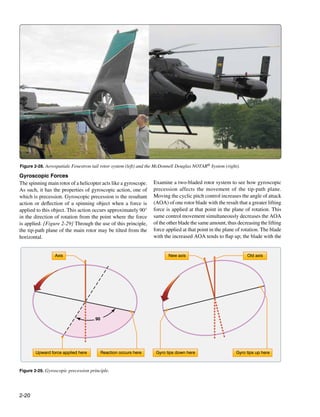 Figure 2-28. Aerospatiale Fenestron tail rotor system (left) and the McDonnell Douglas NOTAR® System (right).

Gyroscopic Forces
The spinning main rotor of a helicopter acts like a gyroscope.    Examine a two-bladed rotor system to see how gyroscopic
As such, it has the properties of gyroscopic action, one of       precession affects the movement of the tip-path plane.
which is precession. Gyroscopic precession is the resultant       Moving the cyclic pitch control increases the angle of attack
action or deflection of a spinning object when a force is         (AOA) of one rotor blade with the result that a greater lifting
applied to this object. This action occurs approximately 90°      force is applied at that point in the plane of rotation. This
in the direction of rotation from the point where the force       same control movement simultaneously decreases the AOA
is applied. [Figure 2-29] Through the use of this principle,      of the other blade the same amount, thus decreasing the lifting
the tip-path plane of the main rotor may be tilted from the       force applied at that point in the plane of rotation. The blade
horizontal.                                                       with the increased AOA tends to flap up; the blade with the


                 Axis                                                    New axis                               Old axis




                                      90




        Upward force applied here          Reaction occurs here    Gyro tips down here                     Gyro tips up here



Figure 2-29. Gyroscopic precession principle.




2-20
 