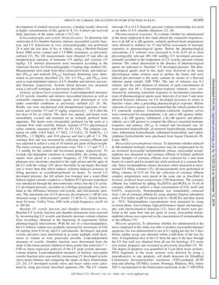 development of marked myocyte necrosis, a ﬁnding usually observed
at higher concentrations of this agent (4, 8, 31). Control rats received
daily injections of the saline vehicle (Ϸ0.2 ml).
Echocardiography and systolic blood pressures. To determine left
ventricular (LV) chamber function, intrinsic myocardial systolic func-
tion, and LV dimensions in vivo, echocardiography was performed
24 h after the last dose of Iso or vehicle, using a Hewlett-Packard
Sonos 2000 sector scanner and a 7.5-MHz transducer, as previously
outlined (23, 38). All measurements were obtained 15 min after an
intraperitoneal injection of ketamine (75 mg/kg) and xylazine (15
mg/kg). LV internal dimensions were measured according to the
American Society for Echocardiography’s leading edge method (26).
Measurements were made from three consecutive beats, and endocar-
dial (FSend) and midwall (FSmid) fractional shortening were deter-
mined as previously described (23, 24). LV FSend and FSmid were
used as load-dependent indexes of LV chamber and intrinsic myocar-
dial function, respectively. Systolic blood pressure was measured
using a tail-cuff technique as previously described (35).
Isolated, perfused heart preparations. Load-independent measures
of LV systolic chamber and intrinsic myocardial function as well as
contractile responses to inotropic agents were determined ex vivo
under controlled conditions as previously outlined (23, 24, 38).
Brieﬂy, rats were anesthetized with intraperitoneal injections of ket-
amine and xylazine (75 and 15 mg/kg, respectively) ϳ24 h after the
last dose of Iso or vehicle. The chest was opened, and hearts were
immediately excised and mounted on an isolated, perfused heart
apparatus. The hearts were retrogradely perfused via the aorta at a
constant ﬂow with carefully ﬁltered, warmed (37°C) physiological
saline solution saturated with 95% O2-5% CO2. The solution con-
tained (in mM) 118.0 NaCl, 4.7 KCl, 2.5 CaCl2, 25 NaHCO3, 1.2
KH2PO4, 1.2 MgSO4, and 10.0 glucose and had a pH of 7.4. The
coronary ﬂow rate was measured by collecting coronary efﬂuent and
was adjusted to achieve a rate of 10 ml/min per gram of heart weight.
The mean coronary perfusion pressures were 79.8 Ϯ 1.7 and 77.3 Ϯ
1.3 mmHg for the control and Iso-treated groups, respectively. To
exclude rate-dependent variations in contractility, the cardiac prepa-
rations were paced at a constant frequency of 330 beats/min via
platinum wire electrodes attached to the right atrium and the apex of
the LV with the voltage 10% above threshold. In our hands, this heart
rate is lower than that which induces ischemic-induced increases in
ﬁlling pressures in crystalloid-perfused rat hearts. To record LV
developed pressure, the left atrium was trimmed and a water-ﬁlled
balloon-tipped cannula coupled to a Statham P23 pressure transducer
was introduced through the atrioventricular oriﬁce into the LV cavity.
LV developed pressure, recorded on a Hellige polygraph, was calcu-
lated as the difference between end-systolic and end-diastolic pres-
sure. The maximum rate of LV pressure development (ϩdP/dt) was
obtained using a differentiator (model 13-4616-71; Gould Instru-
ment Systems, Valley View, OH) with a high-frequency cutoff set
at 300 Hz.
Baseline LV systolic function and chamber dimensions ex vivo.
Baseline LV systolic function and chamber dimensions were assessed
by reconstructing LV systolic and diastolic pressure-volume relations
from recordings obtained at the beginning of experiments before
pharmacological interventions. With the use of a micromanipulator,
the LV balloon volume was gradually increased by increments of 0.01
ml starting from 0.16 ml, and LV end-diastolic, developed, and peak
systolic pressures were determined at as many multiple small incre-
ments in volume as were practically possible. Load-independent
measures of systolic chamber function were determined from the
slope of the linear portion (deﬁned as those points that achieved r2
Ͼ
0.98 on linear regression analysis) of the LV peak systolic pressure-
volume relation. Load-independent measures of intrinsic myocardial
systolic function were assessed by constructing LV developed systolic
stress-strain relations and comparing the slopes of these relationships
(23, 24). LV developed systolic stress and strain values were calcu-
lated by using previously described equations (36). The LV volume
intercept (V0) of LV diastolic pressure-volume relationship was used
as an index of LV chamber dilatation (23, 38).
Pharmacological responses. To evaluate whether Iso administered
at the doses employed in this study altered the contractile responsive-
ness to ␤-AR or ␣-AR agonists, isolated, perfused heart preparations
were allowed to stabilize for 15 min before assessment of inotropic
responses to pharmacological agents. Before the pharmacological
assessments, LV volumes were increased to 0.18–0.19 ml to elicit
physiologically relevant (80–100 mmHg) LV developed pressures
normally recorded in the midportion of LV systolic pressure-volume
relation. The values determined in the absence of pharmacological
agents are indicated as “baseline” LV developed pressure. The phar-
macological agents used in this study were dissolved in the same
physiological saline solution used to perfuse the hearts and were
infused just proximal to the aortic cannula by means of a Harvard
infusion pump (model 22M T/W). The rate of infusion was 0.3
ml/min, and the total duration of infusion of each concentration of
each agent was 60 s. Concentration-response relations were con-
structed by assessing contractile responses to incremental concentra-
tions of pharmacological agents used. Intervals of at least 5 min were
allowed between infusions for LV developed pressures to return to
baseline values after a preceding pharmacological exposure. Before
infusions of active agents, we ascertained that the vehicle produced no
LV contractile response. Concentration-contractile response curves
were constructed for norepinephrine, a ␤- and ␣-AR agonist; dobut-
amine, a ␤1-AR agonist; salbutamol, a ␤2-AR agonist; and phenyl-
ephrine, an ␣-AR agonist, to compare the efﬁcacy (maximal inotropic
response) and potency (EC50) in control and Iso-treated rats. dl-
Isoproterenol hydrochloride, dl-arterenol hydrochloride (norepineph-
rine), dobutamine hydrochloride, salbutamol hemisulfate, and l-phen-
ylephrine hydrochloride were purchased from Sigma Chemicals (St.
Louis, MO).
Myocardial norepinephrine release. To determine whether reduced
␤-AR-mediated inotropic responsiveness may be compensated for by
an increased myocardial norepinephrine release, myocardial norepi-
nephrine was measured in the coronary efﬂuent of isolated, perfused
hearts. Samples of coronary efﬂuent were collected for 1 min from
hearts of control and Iso-treated rats while perfused at a constant ﬂow
rate. Since norepinephrine release decreases when measured at incre-
mental LV ﬁlling volumes (35), all measurements were performed at
ﬁlling volumes of 0.19 ml. For the collection of coronary efﬂuent
samples, preparations were paced at the same rate as described in
Isolated, perfused heart preparations (330 beats/min). The coronary
efﬂuent was stabilized by adding Na2EDTA and HClO4 to 10 ml of
coronary efﬂuent to achieve a ﬁnal concentration of 0.01 mol/l and
0.025%, respectively. Norepinephrine was immediately extracted
from 1 ml of coronary efﬂuent by using alumina (Sigma) adsorption
with a Tris buffer at pH 8.6 eluted with 0.1 M HClO4 and then stored
at Ϫ70°C. Norepinephrine concentrations were measured by using
reversed phase, ion-exchange high-performance liquid chromatogra-
phy with electrochemical detection (12). Since all hearts were per-
fused at the same ﬂow rate per gram of tissue, myocardial norepi-
nephrine release was expressed as the concentration of norepinephrine
in the efﬂuent (35).
Myocyte apoptosis. To determine whether Iso administered at the
doses employed in this study was able to produce myocardial damage/
apoptosis, Iso was administered to rats at 0.1 mg/kg per day for 5 days
before cardiac tissue was obtained within a half hour of the last Iso
dose. A longitudinal slice of the LV from the apex to the base through
the LV free wall was obtained from all rats for histology. LV tissue
was stored, prepared, and sectioned as previously described (35, 38).
The degree of apoptosis was quantiﬁed on 5-␮m-thick tissue sections.
DNA fragments in the tissue sections were detected by using a
nonradioactive in situ apoptotic cell death detection kit [DeadEnd
Colorimetric deoxynucleotidyl transferase (TdT)-mediated dUTP
nick-end labeling (TUNEL) system; Promega, Madison, WI], where
TdT is incorporated in the biotinylated nucleotide at the 3Ј-OH DNA
H1899IMPACT OF CARDIAC DILATATION ON PUMP FUNCTION IN RATS
AJP-Heart Circ Physiol • VOL 292 • APRIL 2007 • www.ajpheart.org
by10.220.33.6onSeptember12,2016http://ajpheart.physiology.org/Downloadedfrom
 