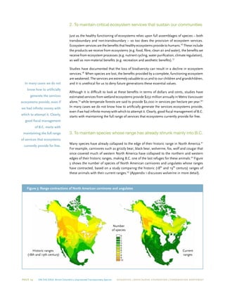 Page 14 On The Edge: British Columbia’s Unprotected Transboundary Species ECOJUSTICE | david suzuki foundation | Conservation Northwest
2. To maintain critical ecosystem services that sustain our communities
Just as the healthy functioning of ecosystems relies upon full assemblages of species – both
transboundary and non-transboundary – so too does the provision of ecosystem services.
Ecosystem services are the benefits that healthy ecosystems provide to humans.16
These include
the products we receive from ecosystems (e.g. food, fibre, clean air and water), the benefits we
receive from ecosystem processes (e.g. nutrient cycling, water purification, climate regulation),
as well as non-material benefits (e.g. recreation and aesthetic benefits).17
Studies have documented that the loss of biodiversity can result in a decline in ecosystem
services.18
 When species are lost, the benefits provided by a complete, functioning ecosystem
are weakened. The services are extremely valuable to us and to our children and grandchildren,
and it is unethical for us to deny future generations these essential values.
Although it is difficult to look at these benefits in terms of dollars and cents, studies have
estimated services from wetland ecosystems provide $232 million annually in Metro Vancouver
alone,19
while temperate forests are said to provide $2,000 in services per hectare per year.20
In many cases we do not know how to artificially generate the services ecosystems provide,
even if we had infinite money with which to attempt it. Clearly, good fiscal management of B.C.
starts with maintaining the full range of services that ecosystems currently provide for free.
3. To maintain species whose range has already shrunk mainly into B.C.
Many species have already collapsed to the edge of their historic range in North America.21
For example, carnivores such as grizzly bear, black bear, wolverine, fox, wolf and cougar that
once covered much of western North America have collapsed to the northern and western
edges of their historic ranges, making B.C. one of the last refuges for these animals.22
Figure
5 shows the number of species of North American carnivores and ungulates whose ranges
have contracted, based on a study comparing the historic (18th
and 19th
century) ranges of
these animals with their current ranges.23
(Appendix 1 discusses wolverine in more detail).
Figure 5: Range contractions of North American carnivores and ungulates
Historic ranges
(18th and 19th century)
Current
ranges
In many cases we do not
know how to artificially
generate the services
ecosystems provide, even if
we had infinite money with
which to attempt it. Clearly,
good fiscal management
of B.C. starts with
maintaining the full range
of services that ecosystems
currently provide for free.
Number
of species
 