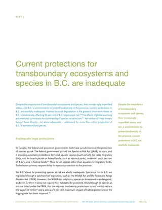 ECOJUSTICE | david suzuki foundation | Conservation Northwest On The Edge: British Columbia’s Unprotected Transboundary Species Page 19
Despite the importance of transboundary ecosystems and species, their increasingly imperilled
status, and B.C.’s commitments to protect biodiversity in the province, current protections in
B.C. are woefully inadequate. Habitat loss and degradation is the greatest short-term threat to
B.C.’s biodiversity, affecting 86 per cent of B.C.’s species at risk.59
The effects of global warming
are predicted to increase the vulnerability of species to extinction.60
Yet neither of these threats
has yet been directly – let alone adequately – addressed for more than a tiny proportion of
B.C.’s transboundary species.
Inadequate legal protections
In Canada, the federal and provincial governments both have jurisdiction over the protection
of species at risk. The federal government passed the Species at Risk Act (SARA) in 2002, and
it provides automatic protections for listed aquatic species (such as fish), for listed migratory
birds, and for listed species on federal lands (such as national parks). However, just 1 per cent
of B.C.’s area is federal lands.61
Thus for all species other than aquatics or migratory birds,
SARA leaves primary responsibility for species protection to the province.
Yet B.C.’s laws for protecting species at risk are wholly inadequate. Species at risk in B.C. are
regulated through a patchwork of legislation, such as the Wildlife Act and the Forest and Range
Practices Act (FRPA). However, the Wildlife Act only lists 4 species as threatened or endangered,
and even for them it does not require their habitat to be protected. And although 72 species at
risk are listed under the FRPA, this law requires biodiversity protections to not “unduly reduce
the supply of timber” and a policy of 1 per cent maximum impact of habitat protection on the
logging rate has been imposed.62
PART 5
Current protections for
transboundary ecosystems and
species in B.C. are inadequate
Despite the importance
of transboundary
ecosystems and species,
their increasingly
imperilled status, and
B.C.’s commitments to
protect biodiversity in
the province, current
protections in B.C. are
woefully inadequate.
 