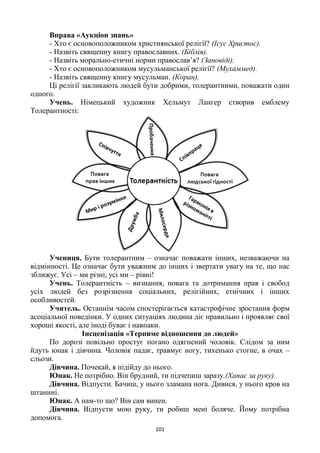101
Вправа «Аукціон знань»
- Хто є основоположником християнської релігії? (Ісус Христос).
- Назвіть священну книгу православних. (Біблія).
- Назвіть морально-етичні норми православ’я? (Заповіді).
- Хто є основоположником мусульманської релігії? (Мухаммед).
- Назвіть священну книгу мусульман. (Коран).
Ці релігії закликають людей бути добрими, толерантними, поважати один
одного.
Учень. Німецький художник Хельмут Лангер створив емблему
Толерантності:
Учениця. Бути толерантним – означає поважати інших, незважаючи на
відмінності. Це означає бути уважним до інших і звертати увагу на те, що нас
зближує. Усі – ми різні, усі ми – рівні!
Учень. Толерантність – визнання, повага та дотримання прав і свобод
усіх людей без розрізнення соціальних, релігійних, етнічних і інших
особливостей.
Учитель. Останнім часом спостерігається катастрофічне зростання форм
асоціальної поведінки. У одних ситуаціях людина діє правильно і проявляє свої
хороші якості, але іноді буває і навпаки.
Інсценізація «Терпиме відношення до людей»
По дорозі повільно простує погано одягнений чоловік. Слідом за ним
йдуть юнак і дівчина. Чоловік падає, травмує ногу, тихенько стогне, в очах –
сльози.
Дівчина. Почекай, я підійду до нього.
Юнак. Не потрібно. Він брудний, ти підчепиш заразу.(Хапає за руку).
Дівчина. Відпусти. Бачиш, у нього зламана нога. Дивися, у нього кров на
штанині.
Юнак. А нам-то що? Він сам винен.
Дівчина. Відпусти мою руку, ти робиш мені боляче. Йому потрібна
допомога.
 