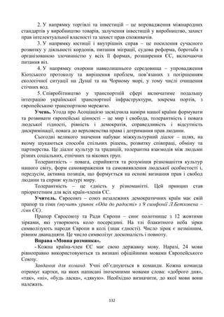 132
2. У напрямку торгівлі та інвестицій – це впровадження міжнародних
стандартів у виробництво товарів, залучення інвестицій у виробництво, захист
прав інтелектуальної власності та захист прав споживачів.
3. У напрямку юстиції і внутрішніх справ – це посилення сучасного
розвитку у діяльності кордонів, питання міграції, судова реформа, боротьба з
організованою злочинністю у всіх її формах, розширення ЄС, включаючи
питання віз.
4. У напрямку охорони навколишнього середовища – упровадження
Кіотського протоколу та вирішення проблем, пов’язаних з погіршенням
екологічної ситуації на Дунаї та на Чорному морі, у тому числі очищення
стічних вод.
5. Співробітництво у транспортній сфері включатиме подальшу
інтеграцію української транспортної інфраструктури, зокрема портів, з
європейською транспортною мережєю.
Учень. Угода про Асоціацією засвідчила наміри нашої країни формувати
та розвивати європейські цінності – це мир і свобода, толерантність і повага
людської гідності, рівність і демократія, справедливість і відсутність
дискримінації, повага до верховенства права і дотримання прав людини.
Сьогодні великого значення набуває міжкультурний діалог – шлях, на
якому шукаються способи спільних рішень, розвитку співпраці, обміну та
партнерства. Це діалог культур та традицій, толерантна взаємодія між людьми
різних соціальних, етнічних та вікових груп.
Толерантність – повага, сприйняття та розуміння різноманіття культур
нашого світу, форм самовираження та самовиявлення людської особистості і,
передусім, активна позиція, що формується на основі визнання прав і свобод
людини та сприяє культурі миру.
Толерантність – це єдність у різноманітті. Цей принцип став
пріоритетним для всіх країн-членів ЄС.
Учитель. Євросоюз – союз незалежних демократичних країн має свій
прапор та гімн (звучить уривок «Ода до радості» з 9 симфонії Л.Бетховена –
гімн ЄС).
Прапор Євросоюзу та Ради Європи – синє полотнище з 12 жовтими
зірками, які утворюють коло посередині. На тлі блакитного неба зірки
символізують народи Європи в колі (знак єдності). Число зірок є незмінним,
рівним дванадцяти. Це число символізує досконалість і повноту.
Вправа «Мовна розминка».
- Кожна країна-член ЄС має свою державну мову. Наразі, 24 мови
рівноправно використовуються та визнані офіційними мовами Європейського
Союзу.
Завдання для команд. Учні об’єднуються в команди. Кожна команда
отримує картки, на яких написані іноземними мовами слова: «доброго дня»,
«так», «ні», «будь ласка», «дякую». Необхідно визначити, до якої мови вони
належать.
 