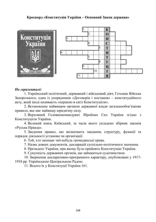 168
Кросворд «Конституція України – Основний Закон держави»
По горизонталі:
1. Український політичний, державний і військовий діяч, Гетьман Війська
Запорозького, один із упорядників «Договорів і постанов» – конституційного
акту, який іноді називають «першою в світі Конституцією».
2. Встановлене найвищим органом державної влади загальнообов’язкове
правило, яке має найвищу юридичну силу.
3. Верховний Головнокомандувач Збройних Сил України згідно з
Конституцією України.
4. Великий князь Київський, за часів якого укладено збірник законів
«Руська Правда».
5. Зведення правил, що визначають завдання, структуру, функції та
порядок діяльності установи чи організації.
6. Той, хто захищає чиї-небудь громадянські права.
7. Назва деяких документів, декларацій суспільно-політичного значення.
8. Президент України, при якому було прийнято Конституцію України.
9. Сукупність державних органів, що займаються судочинством.
10. Звернення декларативно-програмного характеру, опубліковані у 1917-
1918 рр. Українською Центральною Радою.
11. Всього їх у Конституції України 161.
1. К
2. О
3. Н
4. С
5. Т
6. И
7. Т
8. У
9. Ц
10. І
11. Я
 