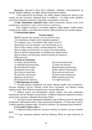 30
Висновок: прислів’я вчать бути добрими, чуйними, милосердними до
людей, тварин, природи, на добро завжди відповідати добром.
– З цих прислів’їв ми бачимо, що добро завжди приносить радість усім
людям, які вас оточують. Перший крок до доброти – це добре слово. Давайте
сплетемо ланцюжок хороших і важливих для кожного з нас слів.
4. Гра «Ланцюжок хороших слів». (Діти називають хороші слова своїм
товаришам, передаючи з рук у руки веселого смайлика.)
– Бути добрим нелегко, а постійно творити добро важко. Треба менше
говорити про добро, а постійно його робити. Прислухайтеся до татової поради.
5. Інсценізація вірша.
Татова порада
Прибіг щодуху син додому, до тата голосно гука:
«А я провідав у лікарні свого товариша-дружка!
То ж правда, тату, я чутливий і маю серце золоте?»
Замисливсь тато на хвилину і так сказав йому на те:
«Коли тебе в тяжку годину, людина виручить з біди,
Про це добро, аж поки віку, ти, синку, пам’ятай завжди.
Коли ж людині щиросердно, ти зробиш сам добро колись,
Про це забудь, аж поки віку, мовчи й нікому не хвались.»
(Обговорення).
6. Фізкультхвилинка
А тепер у нас розминка,
А тепер фізкультхвилинка.
Встали рівно біля парт,
Починаємо наш старт.
Ось зігнули так ручата
Й полетіли, мов качата.
Ніжками затупотіли,
Потім разом всі присіли.
До сонечка потяглися
І у боки так взялися.
Вправо разом нахилились,
Вліво, щоб не помилились.
Руки вниз ми опустили
Й трохи ними потрусили.
Шию трішки розім’яли
І за парти посідали.
7. Обговорення ситуацій.
 Оленка робила подарунок для мами. Братик пробіг повз сестричку і
частина папірців злетіла. Оленка готова була заплакати, але братик сказав
чарівне слово. Яке? Оленка посміхнулась і сказала братику…
 Бабуся зшила для Катрусиної ляльки сукню, але вона виявилась
маленькою для неї. Катруся засмутилася. А бабуся попросила принести ляльку і
зшила іншу суконьку. Дівчинка була рада. Вона…
 До Тані на день народження прийшли друзі. Вони вітають її, вручають
подарунки. Побачивши книгу, Таня засмучено відповідає: «У мене вже є така!».
Узявши коробку цукерок каже: «Я такі не люблю». Як дівчинка мала вчинити?
8. Ситуації «Уявіть собі...».
 Старенька бабуся просить сходити в аптеку за ліками, а на вас чекають
друзі.
 У клас весняним ранком залетіла бджілка. Вона не може вилетіти на
волю.
 