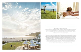 M O N A R C H B E A C H R E S O R T
A seductive resort - the best address for beach, golf and spa - Monarch Beach Resort was imaginatively
conceived to envelop the senses, answer every desire and stir the soul. With its oceanfront allure,
Tuscan style and timeless attentiveness, Monarch Beach Resort is one of few Forbes Five-Star and
AAA Five-Diamond awarded resorts in California.
Few resorts can boast such a beautiful location or breathtaking views and even fewer still can claim a
level of uncompromising and bespoke service that anticipates your every need. Enjoy the rich amenities
including 18-hole oceanfront golf course with panoramic views and two holes adjacent to the beach;
the private Monarch Bay Club, nestled along one of the most exclusive beaches in Southern California;
the Forbes Five-Star Rated Spa Gaucin - your own place to revel in quiet moments of celebration; and
epicurean experiences including the incomparable teaming of celebrated Chef Michael Mina and
world-renowned designer Tony Chi at Stonehill Tavern. Join us for a beautiful Southern California
experience at its most legendary and the perfect address for inspired abandon.
 