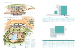 PA C I F I C B A L L R O O M & T H I R D F L O O R M E E T I N G S PA C E
Capri
Atlantic
5 T H F L O O R - L O B B Y L E V E L
Promenade
Napoli
Sorrento
RotundaPetite
Terrace
Ocean
View
Paciﬁc Terrace
Aegean Adriatic
Paciﬁc
Ballroom 1
Paciﬁc
Ballroom 2
Paciﬁc
Ballroom 3
Paciﬁc
Terrace
South
Paciﬁc Ballroom Promenade
Dimensions Capacities
Room Size Square Footage Ceiling Height Banquet Classroom Dinner Conference Reception Theater U-Shape
Monarch Ballroom* 57’x102’ 5,800 17.6’ 450 360 350 148 600 600 162
Monarch 1 57’x34’ 1,938 17.6’ 120 90 49 200 200 54
Monarch 2 57’x34’ 1,938 17.6’ 120 90 49 200 200 54
Monarch 3 57’x34’ 1,938 17.6’ 120 90 49 200 200 54
Monarch Promenade 2,240 13’ 270
Stonehill Private Dining Room 25’x12’ 300 26 35
*Low point of ceiling is 14’10”
Dimensions Capacities
Room Size Square Footage Ceiling Height Banquet Classroom Dinner Conference Reception Theater U-Shape
Pacific Ballroom* 90’x134’ 12,000 21’ 750 600 540 1,200 1,565 270
Pacific Ballroom 1 90’x44’ 4,000 21’ 250 200 180 102 375 500 75
Pacific Ballroom 2 90’x44’ 4,000 21’ 250 200 180 102 375 500 75
Pacific Ballroom 3 90’x44’ 4,000 21’ 250 200 180 102 375 500 75
Pacific Promenade 2,590 15’ 540
Capri Boardroom** 18’x24’ 480 14.6’ 12
Napoli Boardroom** 17’x32.6’ 552 14.6’ 15
Sorrento Boardroom** 16.6’x20’ 330 14.6’ 8
Adriatic 32’x32’ 1,024 13’ 50 48 26 80 90 35
Aegean 32’x32’ 1,024 13’ 50 48 26 80 90 35
Atlantic 20.6’x32.6’ 665 14.6’ 32 25 20 60 60 24
*Low point of ceiling is 14’10”**Existing boardroom setup
5 T H F L O O R
L O B B Y L E V E L
N
Pacific Ocean
Spa Lap Pool
3 R D F L O O R & G R O U N D L E V E L
2
Private
Beach Club
(Monarch Bay Club)
5
Golf
Club House
(Club 19)
4
6
7
18
23
24
25
22
21
26
17
1
3
9
88
8
10
11
1213
29
1415
16
P R O P E R T Y M A P
L E G E N D
Facilities
12 Porte Cochere
13 Valet Parking
14 Front Desk
15 Concierge
16 Fitness Center
17 Pacific Lawn
18 Grand Lawn
19 Botanical Garden
20 Monarch Ballroom
21 Pacific Ballroom
22 Meeting Rooms
23 North Wing
24 South Wing
25 Grand Terrace
26 Sunset Terrace
27 Lagoon Pool/Jacuzzi
28 Main Pool
Dining
1 Stonehill Tavern
2 AVEO Table + Bar
3 Part & Parcel
4 Club 19
5 Monarch Bay Club
6 Sombra
7 The Wine Cellar
8 33°North
The Amenities
9 Miraval Spa
10 Retail Shops
11 Dry Bar
Porte
Cochere
Ballroom
Promenade
Event
Entrance
Rotunda to
Paciﬁc Ballroom
Monarch Ballroom 2
Fitness
Center
Monarch Ballroom 3
Monarch Ballroom 1
27
28
Botanical
Garden
19
20
 