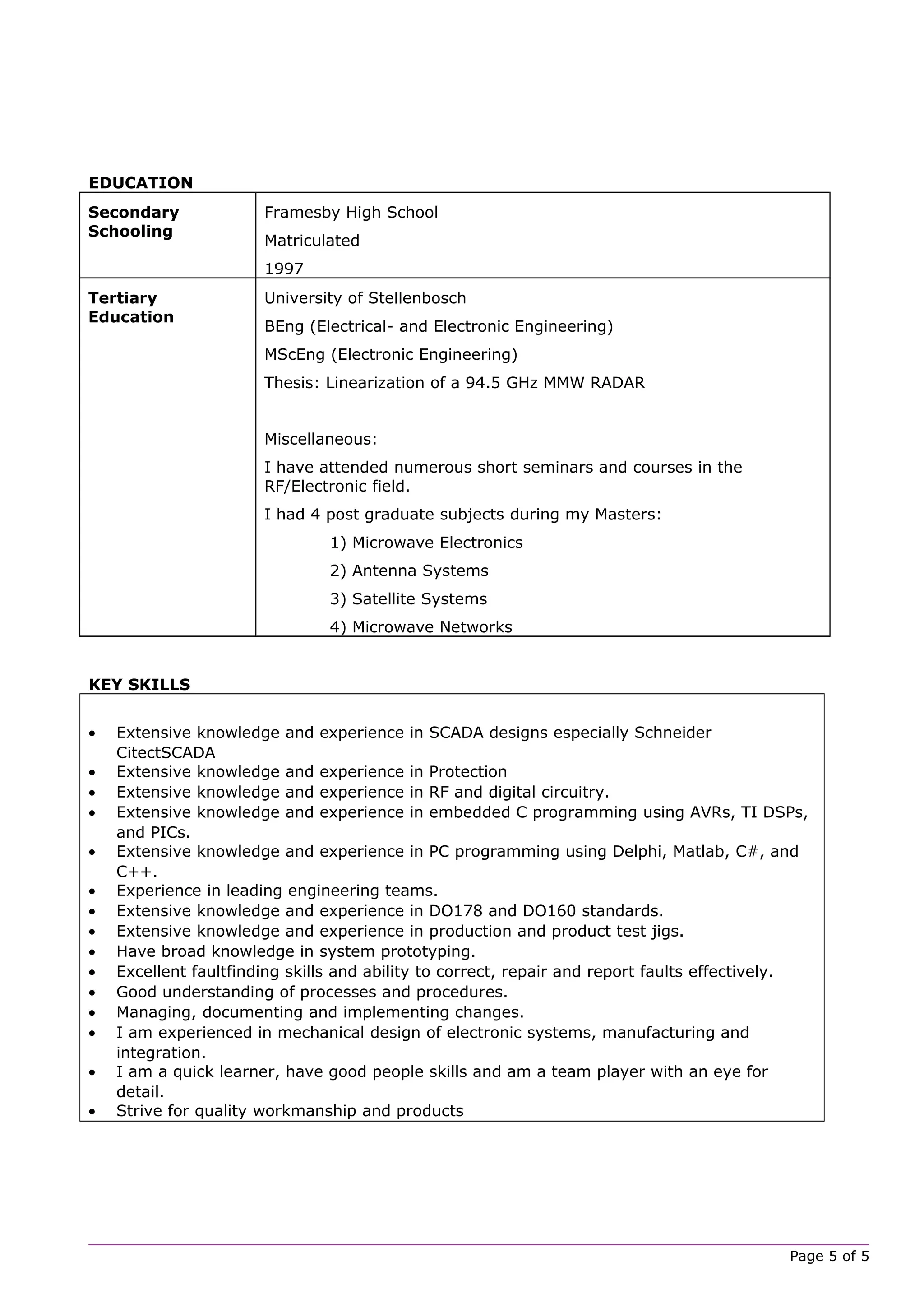 EDUCATION
Secondary
Schooling
Framesby High School
Matriculated
1997
Tertiary
Education
University of Stellenbosch
BEng (Electrical- and Electronic Engineering)
MScEng (Electronic Engineering)
Thesis: Linearization of a 94.5 GHz MMW RADAR
Miscellaneous:
I have attended numerous short seminars and courses in the
RF/Electronic field.
I had 4 post graduate subjects during my Masters:
1) Microwave Electronics
2) Antenna Systems
3) Satellite Systems
4) Microwave Networks
KEY SKILLS
• Extensive knowledge and experience in SCADA designs especially Schneider
CitectSCADA
• Extensive knowledge and experience in Protection
• Extensive knowledge and experience in RF and digital circuitry.
• Extensive knowledge and experience in embedded C programming using AVRs, TI DSPs,
and PICs.
• Extensive knowledge and experience in PC programming using Delphi, Matlab, C#, and
C++.
• Experience in leading engineering teams.
• Extensive knowledge and experience in DO178 and DO160 standards.
• Extensive knowledge and experience in production and product test jigs.
• Have broad knowledge in system prototyping.
• Excellent faultfinding skills and ability to correct, repair and report faults effectively.
• Good understanding of processes and procedures.
• Managing, documenting and implementing changes.
• I am experienced in mechanical design of electronic systems, manufacturing and
integration.
• I am a quick learner, have good people skills and am a team player with an eye for
detail.
• Strive for quality workmanship and products
Page 5 of 5
 