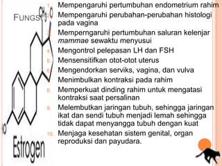 FUNGSI
1. Mempengaruhi pertumbuhan endometrium rahim
2. Mempengaruhi perubahan-perubahan histologi
pada vagina
3. Memperngaruhi pertumbuhan saluran kelenjar
mammae sewaktu menyusui
4. Mengontrol pelepasan LH dan FSH
5. Mensensitifkan otot-otot uterus
6. Mengendorkan serviks, vagina, dan vulva
7. Menimbulkan kontraksi pada rahim
8. Memperkuat dinding rahim untuk mengatasi
kontraksi saat persalinan
9. Melembutkan jaringan tubuh, sehingga jaringan
ikat dan sendi tubuh menjadi lemah sehingga
tidak dapat menyangga tubuh dengan kuat
10. Menjaga kesehatan sistem genital, organ
reproduksi dan payudara.
 