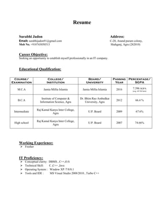 Resume
Surabhi Jadon Address:
Email: surabhijadon91@gmail.com C-20, Anand puram colony,
Mob No. +918743050513 Shahganj, Agra (282010)
Career Objective:
Seeking an opportunity to establish myself professionally in an IT company.
Educational Qualification:
Working Experience:
 Fresher
IT Proficiency:
 Conceptual clarity: DBMS , C++,O.S
 Technical Skill: C ,C++ ,Java
 Operating System : Window XP /7/8/8.1
 Tools and IDE : MS Visual Studio 2008/2010 , Turbo C++
Course/
Examination
College/
Institution
Board/
University
Passing
Year
Percentage/
SGPA
M.C.A Jamia Millia Islamia Jamia Millia Islamia 2016 7.396 SGPA
(avg. till 5th Sem)
B.C.A
Institute of Computer &
Information Science, Agra
Dr. Bhim Rao Ambedkar
University, Agra
2012 66.4 %
Intermediate
Raj Kamal Kanya Inter College,
Agra
U.P. Board 2009 67.6%
High school
Raj Kamal Kanya Inter College,
Agra
U.P. Board 2007 74.66%
 
