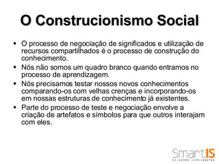 O Construcionismo Social O processo de negociação de significados e utilização de recursos compartilhados é o processo de construção do conhecimento.  Nós não somos um quadro branco quando entramos no processo de aprendizagem.  Nós precisamos testar nossos novos conhecimentos comparando-os com velhas crenças e incorporando-os em nossas estruturas de conhecimento já existentes.  Parte do processo de teste e negociação envolve a criação de artefatos e símbolos para que outros interajam com eles. 