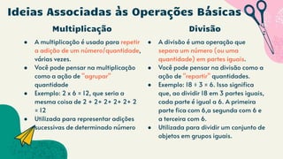 ● A multiplicação é usada para repetir
a adição de um número/quantidade,
várias vezes.
● Você pode pensar na multiplicação
como a ação de "agrupar"
quantidade
● Exemplo: 2 x 6 = 12, que seria a
mesma coisa de 2 + 2+ 2+ 2+ 2+ 2
= 12
● Utilizada para representar adições
sucessivas de determinado número
● A divisão é uma operação que
separa um número (ou uma
quantidade) em partes iguais.
● Você pode pensar na divisão como a
ação de "repartir" quantidades.
● Exemplo: 18 ÷ 3 = 6. Isso significa
que, ao dividir 18 em 3 partes iguais,
cada parte é igual a 6. A primeira
parte fica com 6,a segunda com 6 e
a terceira com 6.
● Utilizada para dividir um conjunto de
objetos em grupos iguais.
Ideias Associadas às Operações Básicas
Multiplicação Divisão
 