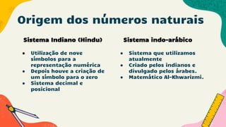 Origem dos números naturais
Sistema Indiano (Hindu)
● Utilização de nove
símbolos para a
representação numérica
● Depois houve a criação de
um símbolo para o zero
● Sistema decimal e
posicional
Sistema indo-arábico
● Sistema que utilizamos
atualmente
● Criado pelos indianos e
divulgado pelos árabes.
● Matemático Al-Khwarizmi.
 