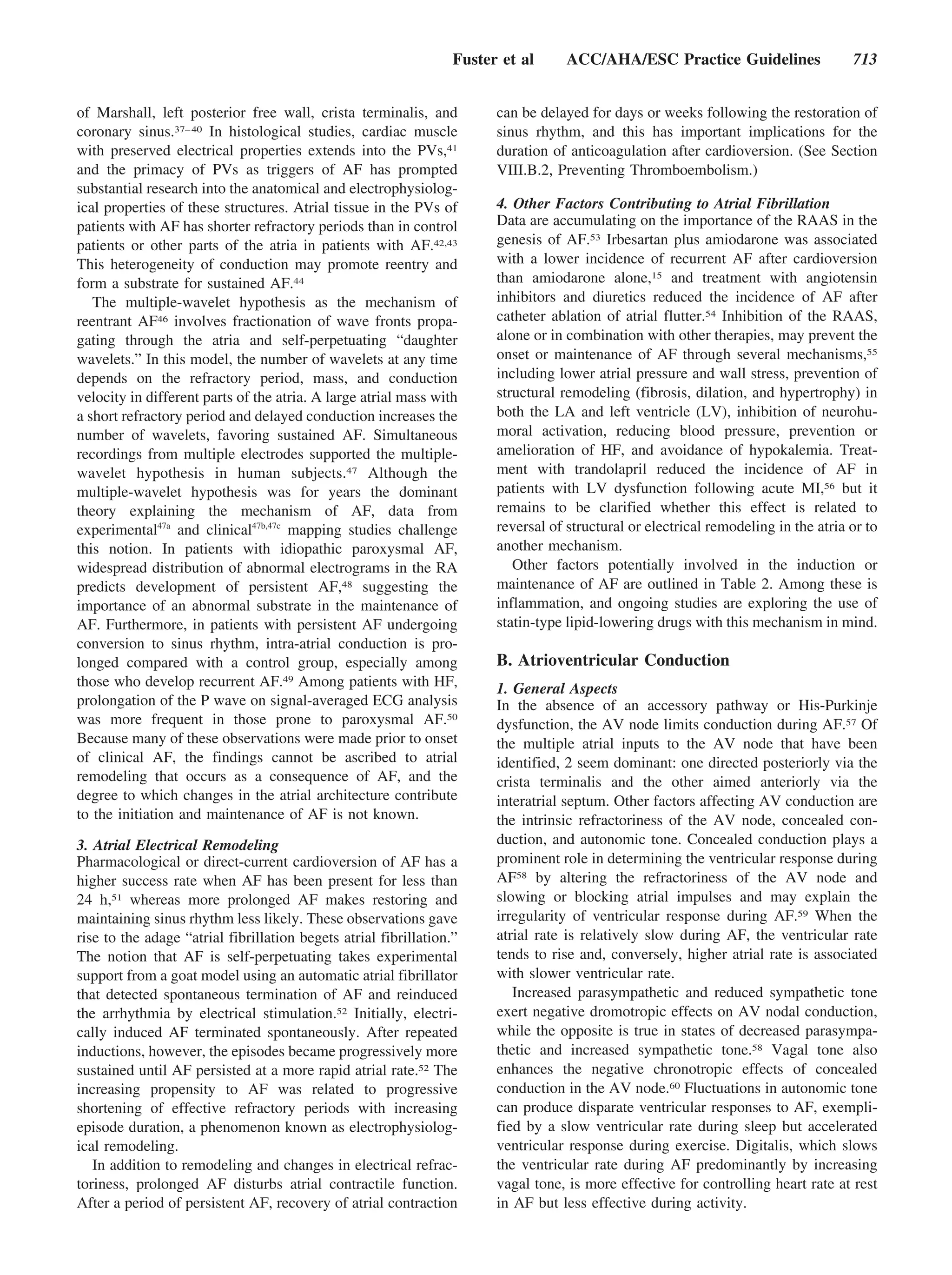 Fuster et al      ACC/AHA/ESC Practice Guidelines                  713


of Marshall, left posterior free wall, crista terminalis, and           can be delayed for days or weeks following the restoration of
coronary sinus.37– 40 In histological studies, cardiac muscle           sinus rhythm, and this has important implications for the
with preserved electrical properties extends into the PVs,41            duration of anticoagulation after cardioversion. (See Section
and the primacy of PVs as triggers of AF has prompted                   VIII.B.2, Preventing Thromboembolism.)
substantial research into the anatomical and electrophysiolog-
ical properties of these structures. Atrial tissue in the PVs of        4. Other Factors Contributing to Atrial Fibrillation
patients with AF has shorter refractory periods than in control         Data are accumulating on the importance of the RAAS in the
patients or other parts of the atria in patients with AF.42,43          genesis of AF.53 Irbesartan plus amiodarone was associated
This heterogeneity of conduction may promote reentry and                with a lower incidence of recurrent AF after cardioversion
form a substrate for sustained AF.44                                    than amiodarone alone,15 and treatment with angiotensin
   The multiple-wavelet hypothesis as the mechanism of                  inhibitors and diuretics reduced the incidence of AF after
reentrant AF46 involves fractionation of wave fronts propa-             catheter ablation of atrial flutter.54 Inhibition of the RAAS,
gating through the atria and self-perpetuating “daughter                alone or in combination with other therapies, may prevent the
wavelets.” In this model, the number of wavelets at any time            onset or maintenance of AF through several mechanisms,55
depends on the refractory period, mass, and conduction                  including lower atrial pressure and wall stress, prevention of
velocity in different parts of the atria. A large atrial mass with      structural remodeling (fibrosis, dilation, and hypertrophy) in
a short refractory period and delayed conduction increases the          both the LA and left ventricle (LV), inhibition of neurohu-
number of wavelets, favoring sustained AF. Simultaneous                 moral activation, reducing blood pressure, prevention or
recordings from multiple electrodes supported the multiple-             amelioration of HF, and avoidance of hypokalemia. Treat-
wavelet hypothesis in human subjects.47 Although the                    ment with trandolapril reduced the incidence of AF in
multiple-wavelet hypothesis was for years the dominant                  patients with LV dysfunction following acute MI,56 but it
theory explaining the mechanism of AF, data from                        remains to be clarified whether this effect is related to
experimental47a and clinical47b,47c mapping studies challenge           reversal of structural or electrical remodeling in the atria or to
this notion. In patients with idiopathic paroxysmal AF,                 another mechanism.
widespread distribution of abnormal electrograms in the RA                 Other factors potentially involved in the induction or
predicts development of persistent AF,48 suggesting the                 maintenance of AF are outlined in Table 2. Among these is
importance of an abnormal substrate in the maintenance of               inflammation, and ongoing studies are exploring the use of
AF. Furthermore, in patients with persistent AF undergoing              statin-type lipid-lowering drugs with this mechanism in mind.
conversion to sinus rhythm, intra-atrial conduction is pro-
longed compared with a control group, especially among                  B. Atrioventricular Conduction
those who develop recurrent AF.49 Among patients with HF,               1. General Aspects
prolongation of the P wave on signal-averaged ECG analysis              In the absence of an accessory pathway or His-Purkinje
was more frequent in those prone to paroxysmal AF.50                    dysfunction, the AV node limits conduction during AF.57 Of
Because many of these observations were made prior to onset             the multiple atrial inputs to the AV node that have been
of clinical AF, the findings cannot be ascribed to atrial               identified, 2 seem dominant: one directed posteriorly via the
remodeling that occurs as a consequence of AF, and the                  crista terminalis and the other aimed anteriorly via the
degree to which changes in the atrial architecture contribute           interatrial septum. Other factors affecting AV conduction are
to the initiation and maintenance of AF is not known.                   the intrinsic refractoriness of the AV node, concealed con-
3. Atrial Electrical Remodeling                                         duction, and autonomic tone. Concealed conduction plays a
Pharmacological or direct-current cardioversion of AF has a             prominent role in determining the ventricular response during
higher success rate when AF has been present for less than              AF58 by altering the refractoriness of the AV node and
24 h,51 whereas more prolonged AF makes restoring and                   slowing or blocking atrial impulses and may explain the
maintaining sinus rhythm less likely. These observations gave           irregularity of ventricular response during AF.59 When the
rise to the adage “atrial fibrillation begets atrial fibrillation.”     atrial rate is relatively slow during AF, the ventricular rate
The notion that AF is self-perpetuating takes experimental              tends to rise and, conversely, higher atrial rate is associated
support from a goat model using an automatic atrial fibrillator         with slower ventricular rate.
that detected spontaneous termination of AF and reinduced                  Increased parasympathetic and reduced sympathetic tone
the arrhythmia by electrical stimulation.52 Initially, electri-         exert negative dromotropic effects on AV nodal conduction,
cally induced AF terminated spontaneously. After repeated               while the opposite is true in states of decreased parasympa-
inductions, however, the episodes became progressively more             thetic and increased sympathetic tone.58 Vagal tone also
sustained until AF persisted at a more rapid atrial rate.52 The         enhances the negative chronotropic effects of concealed
increasing propensity to AF was related to progressive                  conduction in the AV node.60 Fluctuations in autonomic tone
shortening of effective refractory periods with increasing              can produce disparate ventricular responses to AF, exempli-
episode duration, a phenomenon known as electrophysiolog-               fied by a slow ventricular rate during sleep but accelerated
ical remodeling.                                                        ventricular response during exercise. Digitalis, which slows
   In addition to remodeling and changes in electrical refrac-          the ventricular rate during AF predominantly by increasing
toriness, prolonged AF disturbs atrial contractile function.            vagal tone, is more effective for controlling heart rate at rest
After a period of persistent AF, recovery of atrial contraction         in AF but less effective during activity.
 