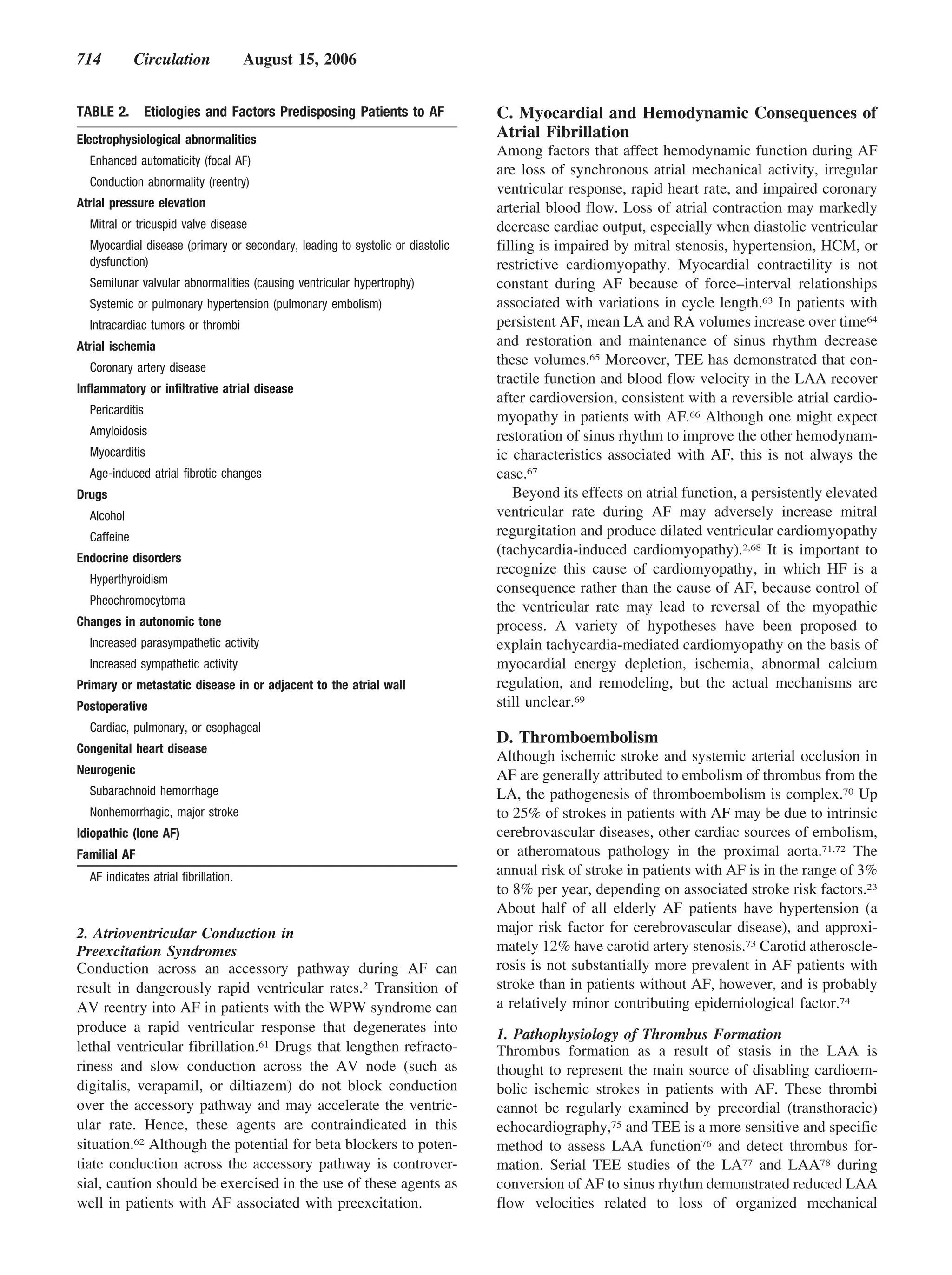 714          Circulation              August 15, 2006


TABLE 2.         Etiologies and Factors Predisposing Patients to AF            C. Myocardial and Hemodynamic Consequences of
Electrophysiological abnormalities
                                                                               Atrial Fibrillation
                                                                               Among factors that affect hemodynamic function during AF
  Enhanced automaticity (focal AF)
                                                                               are loss of synchronous atrial mechanical activity, irregular
  Conduction abnormality (reentry)
                                                                               ventricular response, rapid heart rate, and impaired coronary
Atrial pressure elevation                                                      arterial blood flow. Loss of atrial contraction may markedly
  Mitral or tricuspid valve disease                                            decrease cardiac output, especially when diastolic ventricular
  Myocardial disease (primary or secondary, leading to systolic or diastolic   filling is impaired by mitral stenosis, hypertension, HCM, or
  dysfunction)                                                                 restrictive cardiomyopathy. Myocardial contractility is not
  Semilunar valvular abnormalities (causing ventricular hypertrophy)           constant during AF because of force–interval relationships
  Systemic or pulmonary hypertension (pulmonary embolism)                      associated with variations in cycle length.63 In patients with
  Intracardiac tumors or thrombi                                               persistent AF, mean LA and RA volumes increase over time64
Atrial ischemia                                                                and restoration and maintenance of sinus rhythm decrease
  Coronary artery disease
                                                                               these volumes.65 Moreover, TEE has demonstrated that con-
                                                                               tractile function and blood flow velocity in the LAA recover
Inflammatory or infiltrative atrial disease
                                                                               after cardioversion, consistent with a reversible atrial cardio-
  Pericarditis
                                                                               myopathy in patients with AF.66 Although one might expect
  Amyloidosis                                                                  restoration of sinus rhythm to improve the other hemodynam-
  Myocarditis                                                                  ic characteristics associated with AF, this is not always the
  Age-induced atrial fibrotic changes                                          case.67
Drugs                                                                             Beyond its effects on atrial function, a persistently elevated
  Alcohol                                                                      ventricular rate during AF may adversely increase mitral
  Caffeine                                                                     regurgitation and produce dilated ventricular cardiomyopathy
                                                                               (tachycardia-induced cardiomyopathy).2,68 It is important to
Endocrine disorders
                                                                               recognize this cause of cardiomyopathy, in which HF is a
  Hyperthyroidism
                                                                               consequence rather than the cause of AF, because control of
  Pheochromocytoma
                                                                               the ventricular rate may lead to reversal of the myopathic
Changes in autonomic tone                                                      process. A variety of hypotheses have been proposed to
  Increased parasympathetic activity                                           explain tachycardia-mediated cardiomyopathy on the basis of
  Increased sympathetic activity                                               myocardial energy depletion, ischemia, abnormal calcium
Primary or metastatic disease in or adjacent to the atrial wall                regulation, and remodeling, but the actual mechanisms are
Postoperative                                                                  still unclear.69
  Cardiac, pulmonary, or esophageal
                                                                               D. Thromboembolism
Congenital heart disease
                                                                               Although ischemic stroke and systemic arterial occlusion in
Neurogenic                                                                     AF are generally attributed to embolism of thrombus from the
  Subarachnoid hemorrhage                                                      LA, the pathogenesis of thromboembolism is complex.70 Up
  Nonhemorrhagic, major stroke                                                 to 25% of strokes in patients with AF may be due to intrinsic
Idiopathic (lone AF)                                                           cerebrovascular diseases, other cardiac sources of embolism,
Familial AF                                                                    or atheromatous pathology in the proximal aorta.71,72 The
  AF indicates atrial fibrillation.                                            annual risk of stroke in patients with AF is in the range of 3%
                                                                               to 8% per year, depending on associated stroke risk factors.23
                                                                               About half of all elderly AF patients have hypertension (a
2. Atrioventricular Conduction in                                              major risk factor for cerebrovascular disease), and approxi-
Preexcitation Syndromes                                                        mately 12% have carotid artery stenosis.73 Carotid atheroscle-
Conduction across an accessory pathway during AF can                           rosis is not substantially more prevalent in AF patients with
result in dangerously rapid ventricular rates.2 Transition of                  stroke than in patients without AF, however, and is probably
AV reentry into AF in patients with the WPW syndrome can                       a relatively minor contributing epidemiological factor.74
produce a rapid ventricular response that degenerates into                     1. Pathophysiology of Thrombus Formation
lethal ventricular fibrillation.61 Drugs that lengthen refracto-               Thrombus formation as a result of stasis in the LAA is
riness and slow conduction across the AV node (such as                         thought to represent the main source of disabling cardioem-
digitalis, verapamil, or diltiazem) do not block conduction                    bolic ischemic strokes in patients with AF. These thrombi
over the accessory pathway and may accelerate the ventric-                     cannot be regularly examined by precordial (transthoracic)
ular rate. Hence, these agents are contraindicated in this                     echocardiography,75 and TEE is a more sensitive and specific
situation.62 Although the potential for beta blockers to poten-                method to assess LAA function76 and detect thrombus for-
tiate conduction across the accessory pathway is controver-                    mation. Serial TEE studies of the LA77 and LAA78 during
sial, caution should be exercised in the use of these agents as                conversion of AF to sinus rhythm demonstrated reduced LAA
well in patients with AF associated with preexcitation.                        flow velocities related to loss of organized mechanical
 