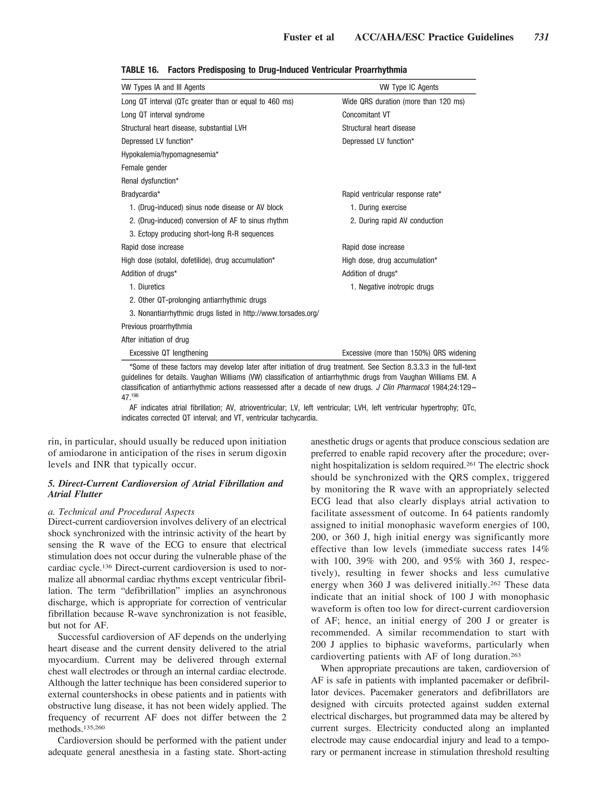 Fuster et al            ACC/AHA/ESC Practice Guidelines              731


                   TABLE 16.        Factors Predisposing to Drug-Induced Ventricular Proarrhythmia
                   VW Types IA and III Agents                                                             VW Type IC Agents
                   Long QT interval (QTc greater than or equal to 460 ms)                    Wide QRS duration (more than 120 ms)
                   Long QT interval syndrome                                                 Concomitant VT
                   Structural heart disease, substantial LVH                                 Structural heart disease
                   Depressed LV function*                                                    Depressed LV function*
                   Hypokalemia/hypomagnesemia*
                   Female gender
                   Renal dysfunction*
                   Bradycardia*                                                              Rapid ventricular response rate*
                     1. (Drug-induced) sinus node disease or AV block                           1. During exercise
                     2. (Drug-induced) conversion of AF to sinus rhythm                         2. During rapid AV conduction
                     3. Ectopy producing short-long R-R sequences
                   Rapid dose increase                                                       Rapid dose increase
                   High dose (sotalol, dofetilide), drug accumulation*                       High dose, drug accumulation*
                   Addition of drugs*                                                        Addition of drugs*
                     1. Diuretics                                                               1. Negative inotropic drugs
                     2. Other QT-prolonging antiarrhythmic drugs
                     3. Nonantiarrhythmic drugs listed in http://www.torsades.org/
                   Previous proarrhythmia
                   After initiation of drug
                     Excessive QT lengthening                                                Excessive (more than 150%) QRS widening
                      *Some of these factors may develop later after initiation of drug treatment. See Section 8.3.3.3 in the full-text
                   guidelines for details. Vaughan Williams (VW) classification of antiarrhythmic drugs from Vaughan Williams EM. A
                   classification of antiarrhythmic actions reassessed after a decade of new drugs. J Clin Pharmacol 1984;24:129 –
                   47.196
                      AF indicates atrial fibrillation; AV, atrioventricular; LV, left ventricular; LVH, left ventricular hypertrophy; QTc,
                   indicates corrected QT interval; and VT, ventricular tachycardia.

rin, in particular, should usually be reduced upon initiation                      anesthetic drugs or agents that produce conscious sedation are
of amiodarone in anticipation of the rises in serum digoxin                        preferred to enable rapid recovery after the procedure; over-
levels and INR that typically occur.                                               night hospitalization is seldom required.261 The electric shock
                                                                                   should be synchronized with the QRS complex, triggered
5. Direct-Current Cardioversion of Atrial Fibrillation and
                                                                                   by monitoring the R wave with an appropriately selected
Atrial Flutter
                                                                                   ECG lead that also clearly displays atrial activation to
a. Technical and Procedural Aspects                                                facilitate assessment of outcome. In 64 patients randomly
Direct-current cardioversion involves delivery of an electrical                    assigned to initial monophasic waveform energies of 100,
shock synchronized with the intrinsic activity of the heart by                     200, or 360 J, high initial energy was significantly more
sensing the R wave of the ECG to ensure that electrical                            effective than low levels (immediate success rates 14%
stimulation does not occur during the vulnerable phase of the                      with 100, 39% with 200, and 95% with 360 J, respec-
cardiac cycle.136 Direct-current cardioversion is used to nor-
                                                                                   tively), resulting in fewer shocks and less cumulative
malize all abnormal cardiac rhythms except ventricular fibril-
                                                                                   energy when 360 J was delivered initially.262 These data
lation. The term “defibrillation” implies an asynchronous
                                                                                   indicate that an initial shock of 100 J with monophasic
discharge, which is appropriate for correction of ventricular
                                                                                   waveform is often too low for direct-current cardioversion
fibrillation because R-wave synchronization is not feasible,
but not for AF.                                                                    of AF; hence, an initial energy of 200 J or greater is
   Successful cardioversion of AF depends on the underlying                        recommended. A similar recommendation to start with
heart disease and the current density delivered to the atrial                      200 J applies to biphasic waveforms, particularly when
myocardium. Current may be delivered through external                              cardioverting patients with AF of long duration.263
chest wall electrodes or through an internal cardiac electrode.                       When appropriate precautions are taken, cardioversion of
Although the latter technique has been considered superior to                      AF is safe in patients with implanted pacemaker or defibril-
external countershocks in obese patients and in patients with                      lator devices. Pacemaker generators and defibrillators are
obstructive lung disease, it has not been widely applied. The                      designed with circuits protected against sudden external
frequency of recurrent AF does not differ between the 2                            electrical discharges, but programmed data may be altered by
methods.135,260                                                                    current surges. Electricity conducted along an implanted
   Cardioversion should be performed with the patient under                        electrode may cause endocardial injury and lead to a tempo-
adequate general anesthesia in a fasting state. Short-acting                       rary or permanent increase in stimulation threshold resulting
 