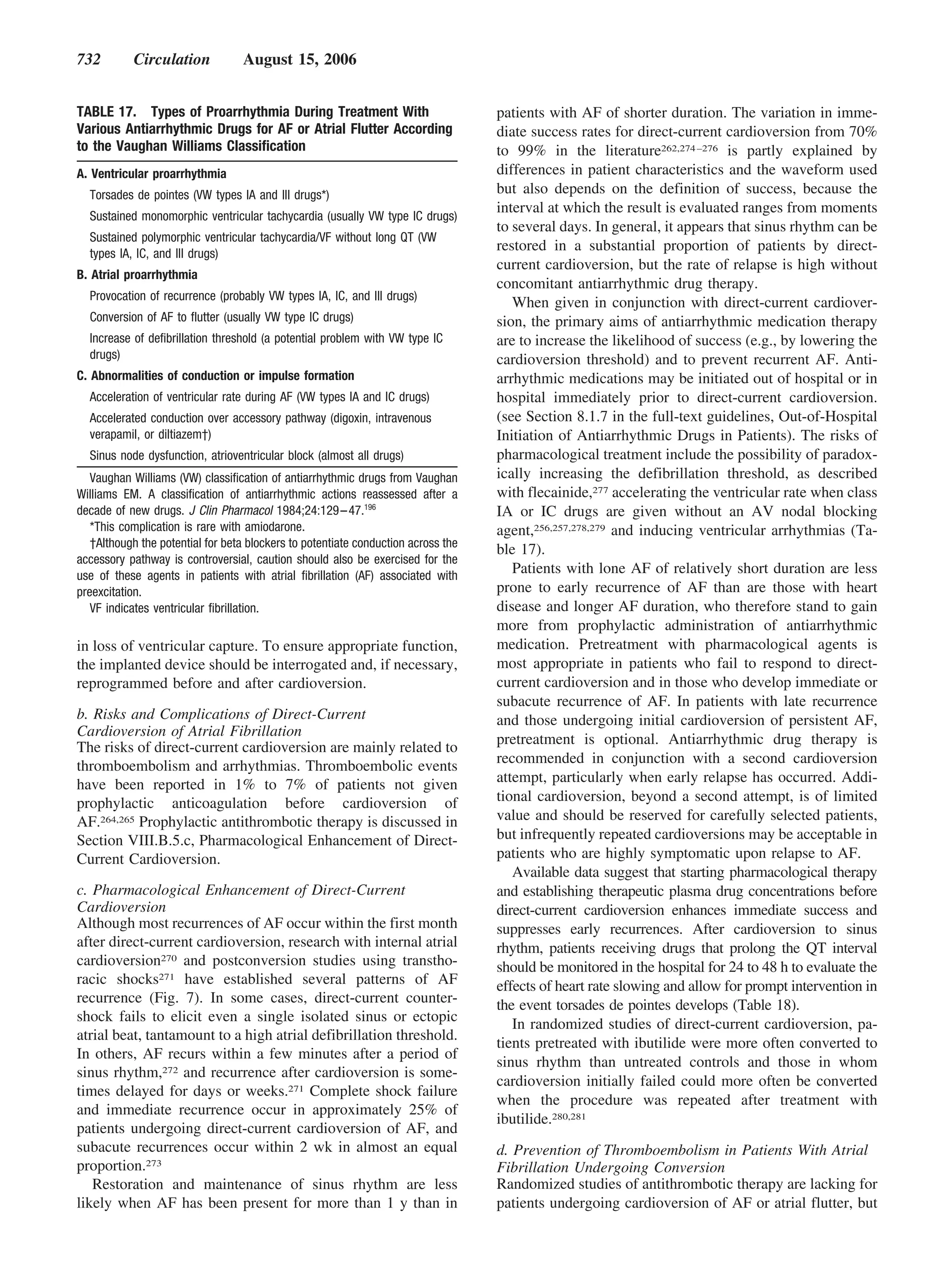 732        Circulation            August 15, 2006


TABLE 17. Types of Proarrhythmia During Treatment With                             patients with AF of shorter duration. The variation in imme-
Various Antiarrhythmic Drugs for AF or Atrial Flutter According                    diate success rates for direct-current cardioversion from 70%
to the Vaughan Williams Classification                                             to 99% in the literature262,274 –276 is partly explained by
A. Ventricular proarrhythmia                                                       differences in patient characteristics and the waveform used
  Torsades de pointes (VW types IA and III drugs*)                                 but also depends on the definition of success, because the
                                                                                   interval at which the result is evaluated ranges from moments
  Sustained monomorphic ventricular tachycardia (usually VW type IC drugs)
                                                                                   to several days. In general, it appears that sinus rhythm can be
  Sustained polymorphic ventricular tachycardia/VF without long QT (VW
  types IA, IC, and III drugs)
                                                                                   restored in a substantial proportion of patients by direct-
                                                                                   current cardioversion, but the rate of relapse is high without
B. Atrial proarrhythmia
                                                                                   concomitant antiarrhythmic drug therapy.
  Provocation of recurrence (probably VW types IA, IC, and III drugs)
                                                                                      When given in conjunction with direct-current cardiover-
  Conversion of AF to flutter (usually VW type IC drugs)                           sion, the primary aims of antiarrhythmic medication therapy
  Increase of defibrillation threshold (a potential problem with VW type IC        are to increase the likelihood of success (e.g., by lowering the
  drugs)                                                                           cardioversion threshold) and to prevent recurrent AF. Anti-
C. Abnormalities of conduction or impulse formation                                arrhythmic medications may be initiated out of hospital or in
  Acceleration of ventricular rate during AF (VW types IA and IC drugs)            hospital immediately prior to direct-current cardioversion.
  Accelerated conduction over accessory pathway (digoxin, intravenous              (see Section 8.1.7 in the full-text guidelines, Out-of-Hospital
  verapamil, or diltiazem†)                                                        Initiation of Antiarrhythmic Drugs in Patients). The risks of
  Sinus node dysfunction, atrioventricular block (almost all drugs)                pharmacological treatment include the possibility of paradox-
   Vaughan Williams (VW) classification of antiarrhythmic drugs from Vaughan       ically increasing the defibrillation threshold, as described
Williams EM. A classification of antiarrhythmic actions reassessed after a         with flecainide,277 accelerating the ventricular rate when class
decade of new drugs. J Clin Pharmacol 1984;24:129 – 47.196                         IA or IC drugs are given without an AV nodal blocking
   *This complication is rare with amiodarone.                                     agent,256,257,278,279 and inducing ventricular arrhythmias (Ta-
   †Although the potential for beta blockers to potentiate conduction across the
                                                                                   ble 17).
accessory pathway is controversial, caution should also be exercised for the
use of these agents in patients with atrial fibrillation (AF) associated with
                                                                                      Patients with lone AF of relatively short duration are less
preexcitation.                                                                     prone to early recurrence of AF than are those with heart
   VF indicates ventricular fibrillation.                                          disease and longer AF duration, who therefore stand to gain
                                                                                   more from prophylactic administration of antiarrhythmic
in loss of ventricular capture. To ensure appropriate function,                    medication. Pretreatment with pharmacological agents is
the implanted device should be interrogated and, if necessary,                     most appropriate in patients who fail to respond to direct-
reprogrammed before and after cardioversion.                                       current cardioversion and in those who develop immediate or
                                                                                   subacute recurrence of AF. In patients with late recurrence
b. Risks and Complications of Direct-Current                                       and those undergoing initial cardioversion of persistent AF,
Cardioversion of Atrial Fibrillation
                                                                                   pretreatment is optional. Antiarrhythmic drug therapy is
The risks of direct-current cardioversion are mainly related to
thromboembolism and arrhythmias. Thromboembolic events                             recommended in conjunction with a second cardioversion
have been reported in 1% to 7% of patients not given                               attempt, particularly when early relapse has occurred. Addi-
prophylactic anticoagulation before cardioversion of                               tional cardioversion, beyond a second attempt, is of limited
AF.264,265 Prophylactic antithrombotic therapy is discussed in                     value and should be reserved for carefully selected patients,
Section VIII.B.5.c, Pharmacological Enhancement of Direct-                         but infrequently repeated cardioversions may be acceptable in
Current Cardioversion.                                                             patients who are highly symptomatic upon relapse to AF.
                                                                                      Available data suggest that starting pharmacological therapy
c. Pharmacological Enhancement of Direct-Current                                   and establishing therapeutic plasma drug concentrations before
Cardioversion                                                                      direct-current cardioversion enhances immediate success and
Although most recurrences of AF occur within the first month                       suppresses early recurrences. After cardioversion to sinus
after direct-current cardioversion, research with internal atrial                  rhythm, patients receiving drugs that prolong the QT interval
cardioversion270 and postconversion studies using transtho-                        should be monitored in the hospital for 24 to 48 h to evaluate the
racic shocks271 have established several patterns of AF                            effects of heart rate slowing and allow for prompt intervention in
recurrence (Fig. 7). In some cases, direct-current counter-                        the event torsades de pointes develops (Table 18).
shock fails to elicit even a single isolated sinus or ectopic                         In randomized studies of direct-current cardioversion, pa-
atrial beat, tantamount to a high atrial defibrillation threshold.
                                                                                   tients pretreated with ibutilide were more often converted to
In others, AF recurs within a few minutes after a period of
                                                                                   sinus rhythm than untreated controls and those in whom
sinus rhythm,272 and recurrence after cardioversion is some-
                                                                                   cardioversion initially failed could more often be converted
times delayed for days or weeks.271 Complete shock failure
                                                                                   when the procedure was repeated after treatment with
and immediate recurrence occur in approximately 25% of
                                                                                   ibutilide.280,281
patients undergoing direct-current cardioversion of AF, and
subacute recurrences occur within 2 wk in almost an equal                          d. Prevention of Thromboembolism in Patients With Atrial
proportion.273                                                                     Fibrillation Undergoing Conversion
   Restoration and maintenance of sinus rhythm are less                            Randomized studies of antithrombotic therapy are lacking for
likely when AF has been present for more than 1 y than in                          patients undergoing cardioversion of AF or atrial flutter, but
 