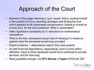 Approach of the Court
• Element of the judge reaching a “jury” award, that is, putting himself
in the position of a jury awarding damages and finding the sum
which appears to be reasonable compensation, looked at overall as
a lump sum, for the loss sustained. What is reasonable?
• Often significant uncertainty so % reductions to mathematical
calculations
• What is the test: anticipated actual cost of meeting C’s needs as
against what the deceased would have provided
• Expert evidence – ‘dependency report’ from care experts
• As with financial dependency, dependants, even if come within
definition, have to show deceased would have continued to provide
services, and for how long
• Real possibility enough, not BPR Davies v Taylor [1974] AC 207
23
 