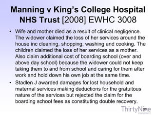 Manning v King’s College Hospital
NHS Trust [2008] EWHC 3008
• Wife and mother died as a result of clinical negligence.
The widower claimed the loss of her services around the
house inc cleaning, shopping, washing and cooking. The
children claimed the loss of her services as a mother.
Also claim additional cost of boarding school (over and
above day school) because the widower could not keep
taking them to and from school and caring for them after
work and hold down his own job at the same time.
• Stadlen J awarded damages for lost household and
maternal services making deductions for the gratuitous
nature of the services but rejected the claim for the
boarding school fees as constituting double recovery.
38
 