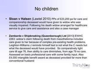 No children
• Sloan v Halsen (Lawtel 2010) PPs of £23,200 pa for care and
companionship deceased would have given to widow who was
visually impaired. Following his death widow arranged for healthcare
service to give care and assistance and also a case manager
• Zambarda v Shipbreaking (Queenborough) Ltd [2013] EWHC
2263: widow’s claim following death from mesothelioma includes
care given to her because of complex pre-existing health problems.
Leighton-Williams J reminds himself test is not what the C needs but
what the deceased would have provided. So comparatively light
care till age 76, then ability to care diminishes, from age 79 no care.
Assessed on basis professional care with some family input. Also
£4,000 intangible benefit award as deceased provided far more than
conventional husband
39
 