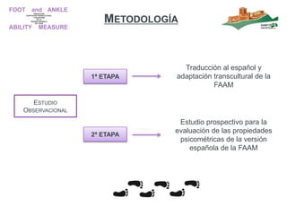 ESTUDIO
OBSERVACIONAL
1ª ETAPA
Traducción al español y
adaptación transcultural de la
FAAM
Estudio prospectivo para la
evaluación de las propiedades
psicométricas de la versión
española de la FAAM
2ª ETAPA
METODOLOGÍA
 