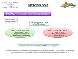 Participantes y
procedimiento
Fiabilidad: se calculó mediante el coeficiente de correlación intraclase (CCI) utilizando la metodología
test-retest en un subgrupo seleccionado al azar de la muestra total (n = 46) a las 48 h.
METODOLOGÍA
2ª ETAPA: Investigación psicométrica prospectiva
CRITERIOS DE INCLUSIÓN
1. Lesión del pie o tobillo
2. Diagnóstico hecho por un
especialista en rehabilitación
147 voluntarios (42  16.6
años, 79 mujeres)
CRITERIOS DE EXCLUSIÓN
1. Edad < 18 años
2. Mala comprensión de la
lengua española
Todos los participantes completaron FAAM-E, SF-36 y EVA.
 