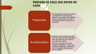 • Sua preparação pode ser ampla
ou específica. Você pode se
dedicar a aprender mais detalhes
sobre sua atividade ou sobre o
funcionamento de outra área da
empresa.
Preparação
• Quando você acredita que algo
pode ser feito de forma diferente,
deve se preparar para colocar
sua ideia em prática.
• Discuta o assunto com seus
colegas de trabalho. Faça uma
pesquisa detalhada, mostrando
como situações semelhantes
foram tratadas.
Acreditar/Ideia
PREPARE-SE FAÇA SEU DEVER DE
CASA
 