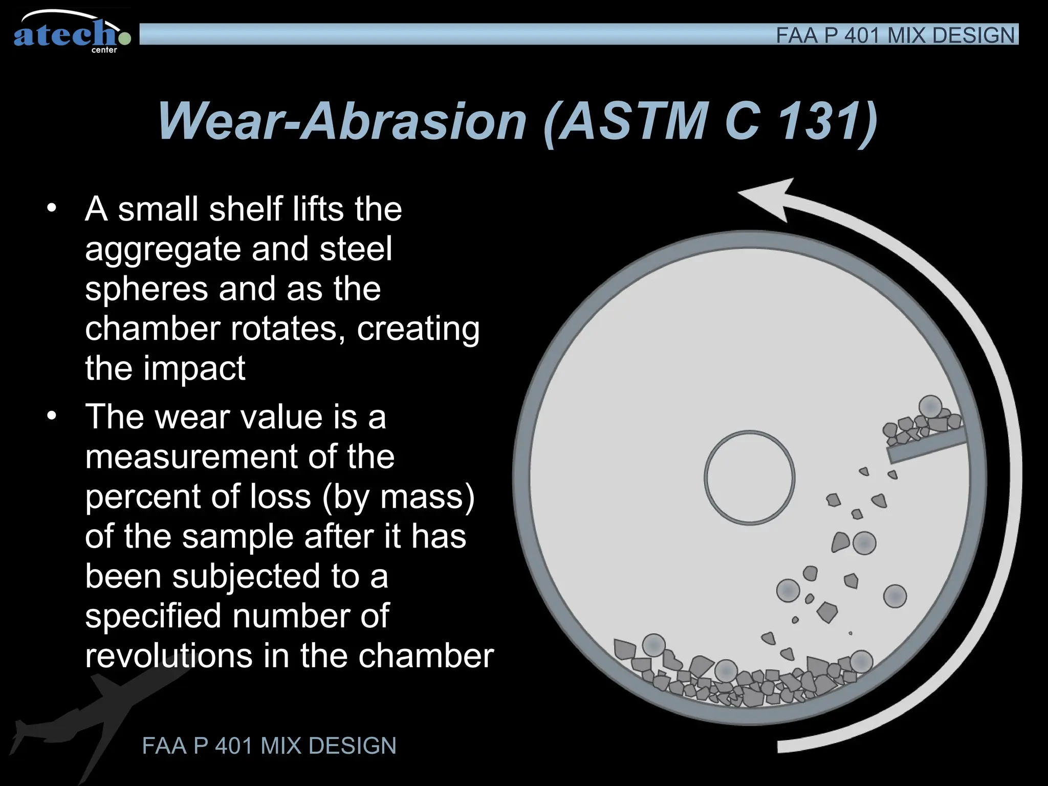 FAA P 401 MIX DESIGN
FAA P 401 MIX DESIGN
Wear-Abrasion (ASTM C 131)
• A small shelf lifts the
aggregate and steel
spheres and as the
chamber rotates, creating
the impact
• The wear value is a
measurement of the
percent of loss (by mass)
of the sample after it has
been subjected to a
specified number of
revolutions in the chamber
 