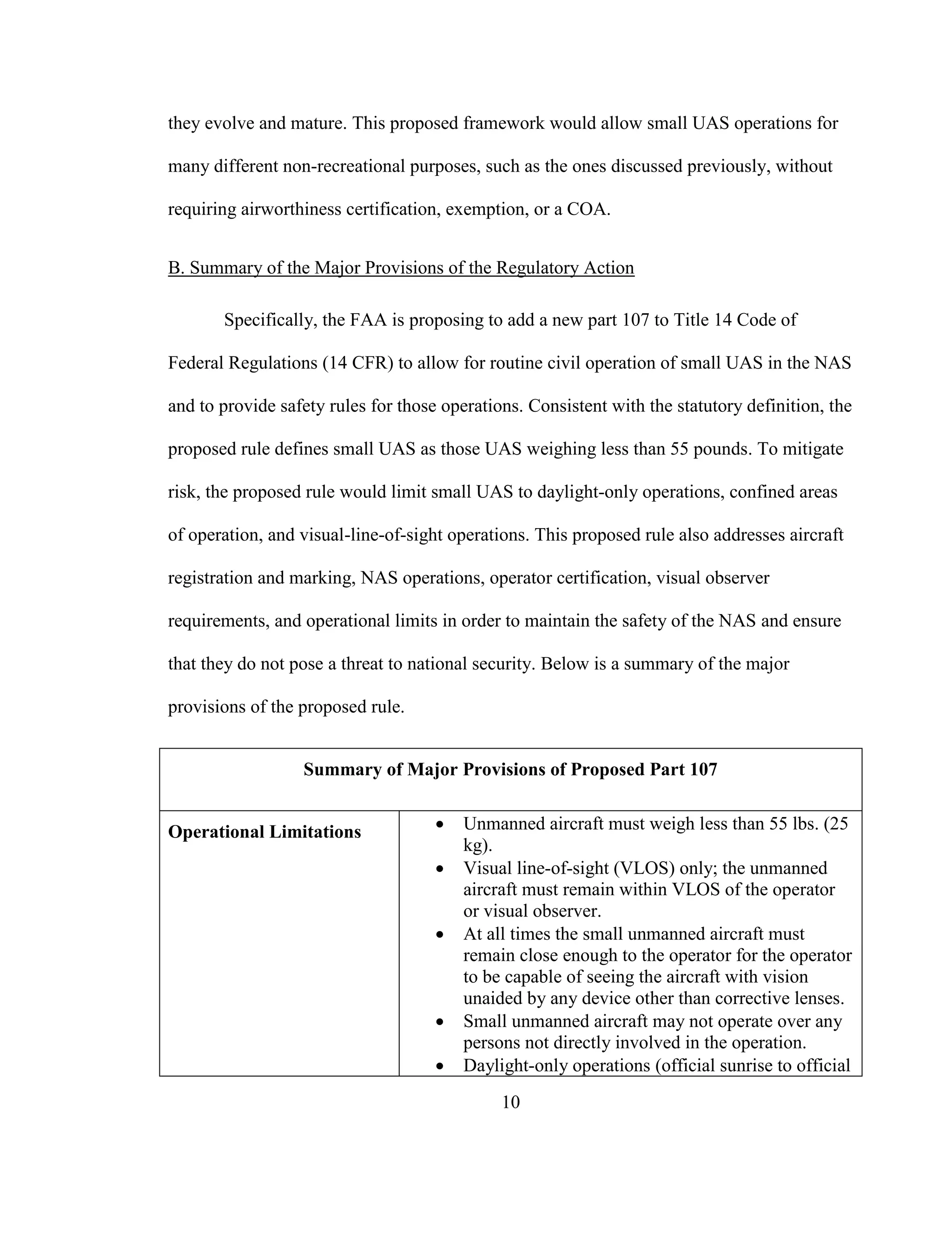 10
they evolve and mature. This proposed framework would allow small UAS operations for
many different non-recreational purposes, such as the ones discussed previously, without
requiring airworthiness certification, exemption, or a COA.
B. Summary of the Major Provisions of the Regulatory Action
Specifically, the FAA is proposing to add a new part 107 to Title 14 Code of
Federal Regulations (14 CFR) to allow for routine civil operation of small UAS in the NAS
and to provide safety rules for those operations. Consistent with the statutory definition, the
proposed rule defines small UAS as those UAS weighing less than 55 pounds. To mitigate
risk, the proposed rule would limit small UAS to daylight-only operations, confined areas
of operation, and visual-line-of-sight operations. This proposed rule also addresses aircraft
registration and marking, NAS operations, operator certification, visual observer
requirements, and operational limits in order to maintain the safety of the NAS and ensure
that they do not pose a threat to national security. Below is a summary of the major
provisions of the proposed rule.
Summary of Major Provisions of Proposed Part 107
Operational Limitations  Unmanned aircraft must weigh less than 55 lbs. (25
kg).
 Visual line-of-sight (VLOS) only; the unmanned
aircraft must remain within VLOS of the operator
or visual observer.
 At all times the small unmanned aircraft must
remain close enough to the operator for the operator
to be capable of seeing the aircraft with vision
unaided by any device other than corrective lenses.
 Small unmanned aircraft may not operate over any
persons not directly involved in the operation.
 Daylight-only operations (official sunrise to official
 