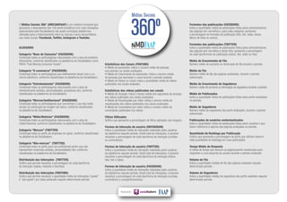 O Mídias Sociais 360° (#MS360FAAP) é um relatório trimestral que
apresenta o desempenho dos 100 perfis brasileiros com mais interações
(selecionados pela Socialbakers) nas quatro principais plataformas
utilizadas para o relacionamento entre as marcas e seus consumidores
nas redes sociais: Facebook, Twitter, Instagram e Youtube.
GLOSSÁRIO
Categoria “Bens de Consumo” (FACEBOOK)
Contempla todos os perfis/páginas relacionados com a área de produtos
alimentares, conforme classificados na plataforma da Socialbakers como
FMCG "Fast Moving Consumer Goods".
Categoria “E-commerce” (FACEBOOK)
Contempla todos os perfis/páginas que efetivamente atuam com o co-
mércio eletrônico, conforme classificados na plataforma da Socialbakers.
Categoria “Entretenimento” (FACEBOOK)
Contempla todos os perfis/páginas relacionados com a área de
entretenimento (artistas, personalidades, gravadoras etc), conforme
classificados na plataforma da Socialbakers.
Categoria “Marcas/Institucional” (FACEBOOK)
Contempla todos os perfis/páginas que concentram o uso das redes
sociais na construção da imagem da marca, conforme classificados
na plataforma da Socialbakers.
Categoria “Mídia/Notícias” (FACEBOOK)
Contempla todos os perfis/páginas relacionados com a área de
mídia/imprensa, conforme classificados na plataforma da Socialbakers.
Categoria “Marcas” (TWITTER)
Contempla todos os perfis de empresas em geral, conforme classificados
na plataforma da Socialbakers.
Categoria “Não-marcas” (TWITTER)
Contempla todos os perfis para uso profissional porém que não
representam empresas (artistas, personalidades etc), conforme
classificadas na plataforma da Socialbakers.
Distribuição das Interações (TWITTER)
Gráfico que permite visualizar a porcentagem de cada tipo/forma
de interação (replies, retweets e favoritos).
Distribuição das Interações (YOUTUBE)
Gráfico que permite visualizar a quantidade média de interações (“gostei”
e “não gostei”) por vídeo publicado naquele determinado período.
Estatísticas dos Canais (YOUTUBE)
• Média de assinantes: indica o número médio de pessoas
que assinam os canais analisados.
• Média de Crescimento de Assinantes: indica o número médio
de pessoas que assinaram o canal durante o período avaliado.
• Média de Vídeos no Canal: indica a quantidade média de vídeos
publicados nos canais avaliados.
Estatísticas dos vídeos publicados nos canais
• Média de Duração: indica o tempo médio (em segundos) de duração
dos vídeos publicados nos canais analisados.
• Média de Visualizações por vídeo: indica o volume médio de
visualizações dos vídeos publicados nos canais analisados.
• Média de Comentários por vídeo: indica o número médio de
comentários publicados nos vídeos.
Filtros Utilizados
Gráfico que apresenta a porcentagem de filtros aplicados nas imagens.
Formas de Interação do usuário (INSTAGRAM)
Indica a quantidade média de interações realizadas pelos usuários
da plataforma naquele período. Deste total de interações, é possível
visualizar a porcentagem de cada tipo/forma de interação (curtidas
ou comentários).
Formas de Interação do usuário (TWITTER)
Indica a quantidade média de interações realizadas pelos usuários
da plataforma naquele período. Deste total de interações, é possível
visualizar a porcentagem de cada tipo/forma de interação (status,
foto, link e vídeo).
Formas de Interação do usuário (FACEBOOK)
Indica a quantidade média de interações realizadas pelos usuários
da plataforma naquele período. Deste total de interações, é possível
visualizar a porcentagem de cada tipo/forma de interação (curtidas,
comentários e compartilhamentos).
Formatos das publicações (FACEBOOK)
Indica a quantidade média de publicações feitas pelos administradores
das páginas (em vermelho) e, para cada categoria, apresenta
a porcentagem de formatos de publicação (foto, link, vídeo, status,
álbum de fotos ou outros).
Formatos das publicações (TWITTER)
Indica a quantidade média de publicações feitas pelos administradores
das páginas (em vermelho) e deste total, apresenta a porcentagem
de cada tipo/formato de publicação (status, link, vídeo ou foto).
Média de Crescimento de Fãs
Número médio de aumento ou diminuição de fãs durante o período.
Média de Fãs
Número médio de fãs das páginas analisadas, durante o período
selecionado.
Média de Crescimento de Seguidores
Número médio de aumento ou diminuição de seguidores durante o período.
Média de Publicações
Indica a quantidade média de publicações feitas pelos perfis analisados
no período.
Média de Seguidores
Número médio de seguidores dos perfis analisados, durante o período
selecionado.
Publicações de usuários contextualizadas
Indica a quantidade média de publicações feitas pelos usuários e que
fazem referência à alguma das páginas analizadas no período.
Quantidade de Hashtags por Publicação
Gráfico que apresenta a porcentagem de perfis que utilizam determi-
nada quantidade de hashtags em suas publicações.
Tempo Médio de Resposta
A média de tempo que levaram as páginas/perfis monitorados para
responder a uma pergunta do usuário durante o período analisado.
Volume de Fãs
Indica a quantidade (média) de fãs das páginas avaliadas naquele
determinado período.
Volume de Seguidores
Indica a quantidade (média) de seguidores dos perfis avaliados naquele
determinado período.
Realização:
Mídias Sociais
360º
NÚCLEO DE INOVAÇÃO EM MÍDIA DIGITAL
 