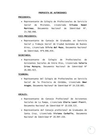 9
PROPUESTA DE AUTORIDADES
PRESIDENTA:
 Representante de Colegio de Profesionales de Servicio
Social de Misiones, Licenciada Silvana Noemí
Martínez, Documento Nacional de Identidad Nº.
23.780.998.
VICE-PRESIDENTA:
 Representante de Consejo de Graduados en Servicio
Social y Trabajo Social de Ciudad Autónoma de Buenos
Aires, Licenciada Silvia del Mazo, Documento Nacional
de Identidad, Nº9.996.454.
SECRETARIA:
 Representante de Colegio de Profesionales de
Asistentes Sociales de Entre Ríos, Licenciada Valeria
Irina Moreyra, Documento Nacional de Identidad Nº
26.083.423.
TESORERA:
 Representante del Colegio de Profesionales en Servicio
Social de la Provincia de Córdoba, Licenciado Omar
Aragón, Documento Nacional de Identidad Nº 14.218.885.
VOCALES:
 Representante de Consejo Profesional de Asistentes
Sociales de La Pampa, Licenciada Gloria Luoni Pierri,
Documento Nacional de Identidad Nº 10.638.515.
 Representante del Consejo profesional de Graduados de
Santa Cruz, Licenciada Viviana Carballo, Documento
Nacional de Identidad Nº 20.997.150.
 