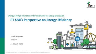PT SMI’s Perspective on Energy Efficiency
Energy Savings Insurance: International Focus Group Discussion
Faaris Pranawa
Director
14 March 2023
 