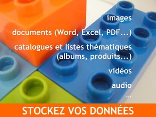 images documents (Word, Excel, PDF...) catalogues et listes thématiques (albums, produits...) vidéos audio … STOCKEZ VOS DONN É ES 