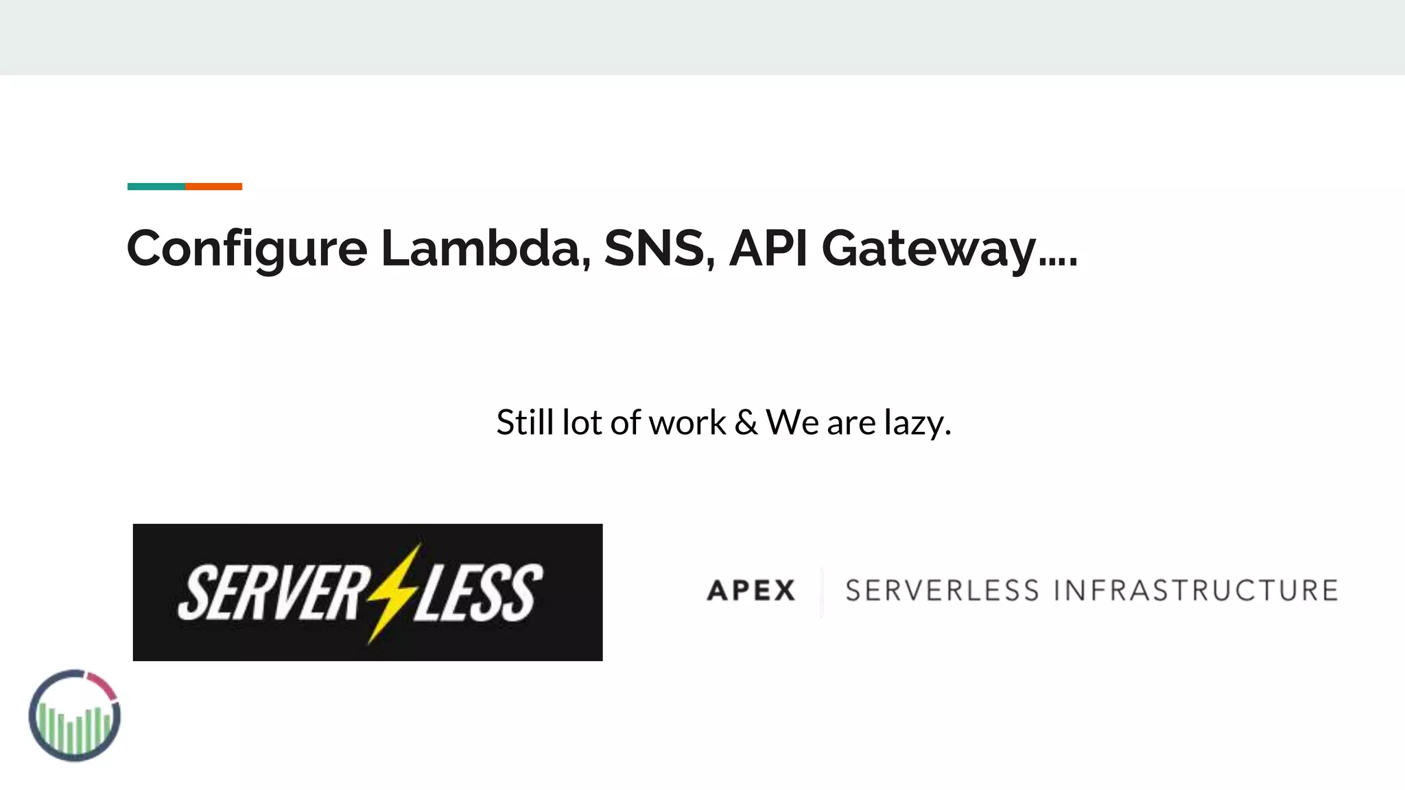 Configure Lambda, SNS, API Gateway….
Still lot of work & We are lazy.
 