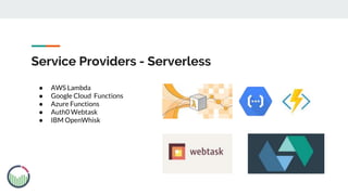 Service Providers - Serverless
● AWS Lambda
● Google Cloud Functions
● Azure Functions
● Auth0 Webtask
● IBM OpenWhisk
 