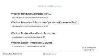 Addi;onal  Resources
clda.co/faas-­‐kubernetes
cloudacademy.com/webinars/kubernetes-38
Webinar:  Hands  on  Kubernetes  (Part  1)
cloudacademy.com/webinars/kubernetes-41
Webinar:  Ecosystem  &  ProducOon  OperaOons  (Kubernetes  Part  2)
cloudacademy.com/webinars/docker-31
Webinar:  Docker  -­‐  From  Dev  to  ProducOon
cloudacademy.com/webinars/docker-34
Webinar:  Docker  -­‐  ProducOon  &  Beyond
by  Adam  Hawkins  
(@adman65)
 