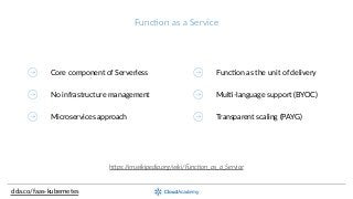 Func;on  as  a  Service
clda.co/faas-­‐kubernetes
h"ps://en.wikipedia.org/wiki/Func5on_as_a_Service
Core  component  of  Serverless  
No  infrastructure  management
Microservices  approach
FuncOon  as  the  unit  of  delivery
MulO-­‐language  support  (BYOC)
Transparent  scaling  (PAYG)
 