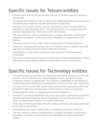 Specific issues for Telcom entities 
• Entities might want to analyse whether the use of portfolio approach would be 
appropriate. 
• Free goods and services as well as options for additional goods and services for a 
discounted price might be separate performance obligations. 
• Removal of contingent revenue cap has implications on the estimate and the 
allocation of the transaction price. This will also result in a changed profile for 
revenue recognition (eg. more revenue for the handset). 
• The accounting for contract modifications is complex and differs significantly 
depending on whether a new performance obligation is created and on the 
pricing. 
• Extended payment terms might result in recognition of interest revenues. 
• Frequently changing selling prices (eg. for handsets) result in different amounts 
allocated to similar goods included in different contracts. 
• Capitalisation of subscriber acquisition costs required if incremental and 
recoverable. 
• Due to the variety in prices and service offerings, the divergence between billing 
and accounting will lead to additional and complex system requirements. 
Specific issues for Technology entities 
• Thorough analysis of contracts for integrated solutions is necessary to conclude 
whether one or multiple performance obligations exist and what revenue 
recognition pattern is appropriate. The outcome is dependent on the degree of 
customization and integration of components as well as on the right to payment. 
• Activities of the licensor after granting the license which significantly affect the 
granted IP might have consequences on the timing of revenue recognition. 
• Renewal options might be separate performance obligations. 
• Estimate of variable consideration (eg. price concessions, performance bonuses) 
requires significant judgment and an assessment of their potential reversal. 
Sales- or usage-based royalties are treated differently. 
• VSOE requirement is no longer relevant; residual method is only applicable when 
strict criteria are fulfilled. 
• Extended payment terms might result in recognition of interest revenues. 
• The accounting for contract modifications is complex and differs significantly 
depending on whether a new performance obligation is created and on the 
pricing. 
 