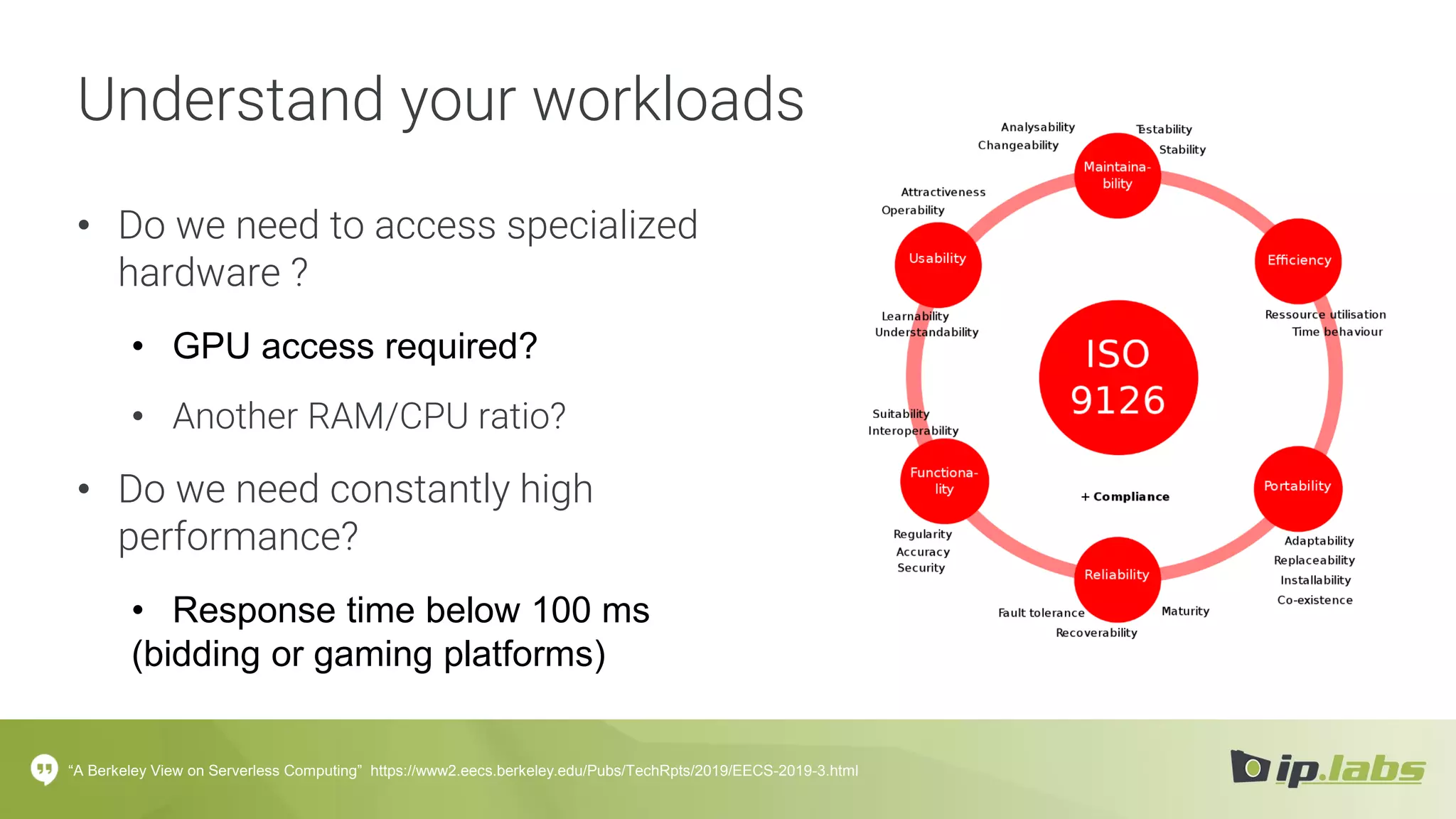 Understand your workloads
• Do we need to access specialized
hardware ?
• GPU access required?
• Another RAM/CPU ratio?
• Do we need constantly high
performance?
• Response time below 100 ms
(bidding or gaming platforms)
“A Berkeley View on Serverless Computing” https://www2.eecs.berkeley.edu/Pubs/TechRpts/2019/EECS-2019-3.html
 