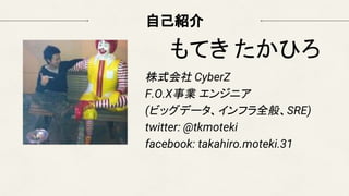 自己紹介
株式会社 CyberZ
F.O.X事業 エンジニア
(ビッグデータ、インフラ全般、SRE)
twitter: @tkmoteki
facebook: takahiro.moteki.31
もてき たかひろ
 