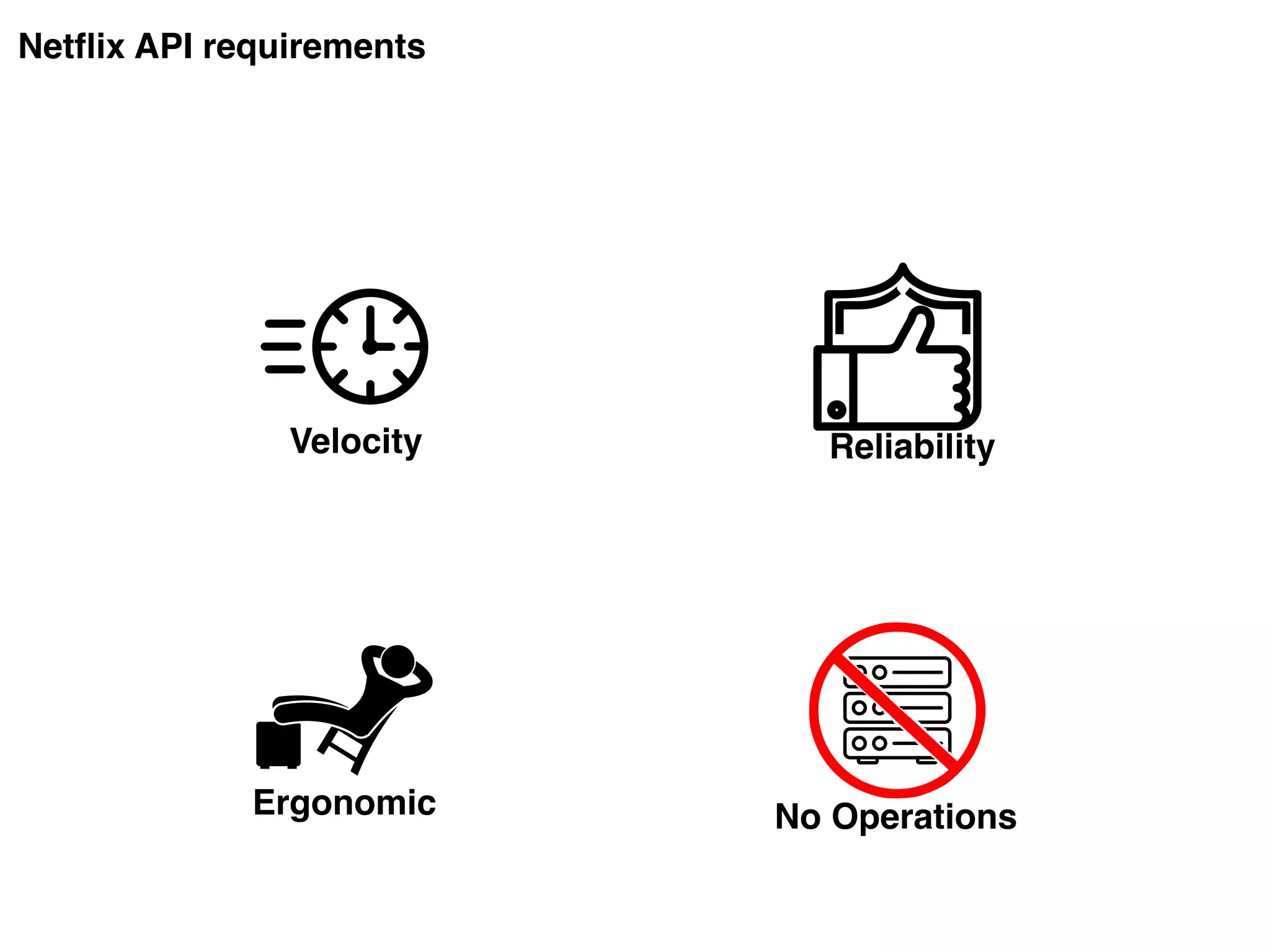 Netflix API requirements
Velocity Reliability
Ergonomic No Operations
 