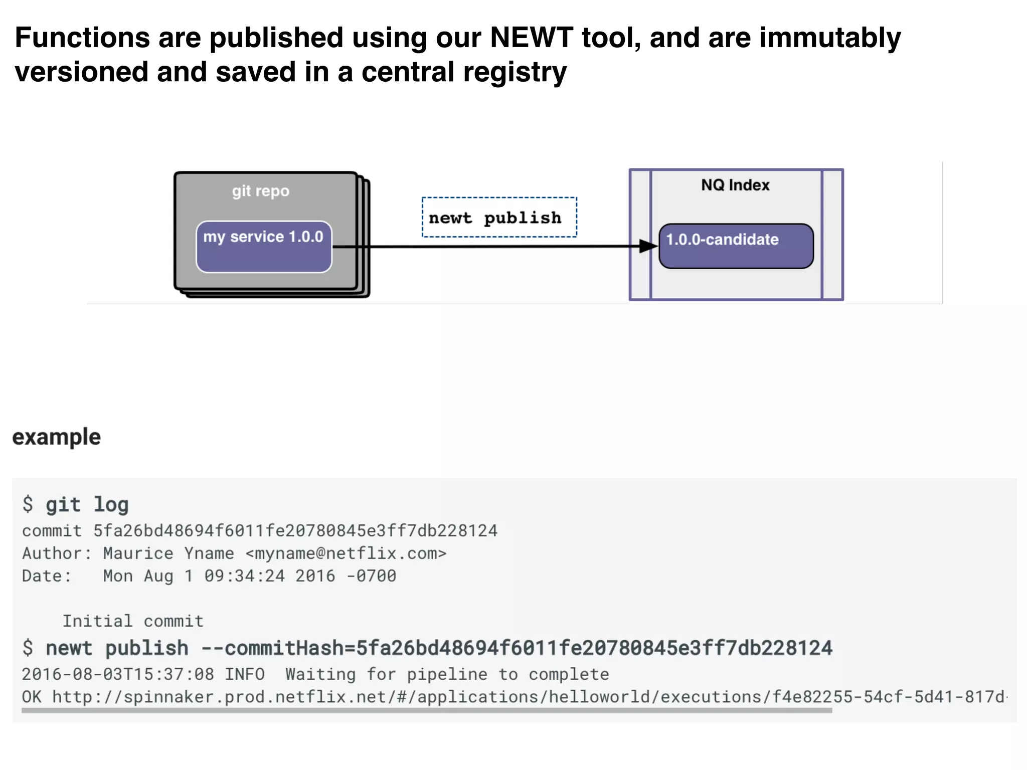Functions are published using our NEWT tool, and are immutably
versioned and saved in a central registry
 