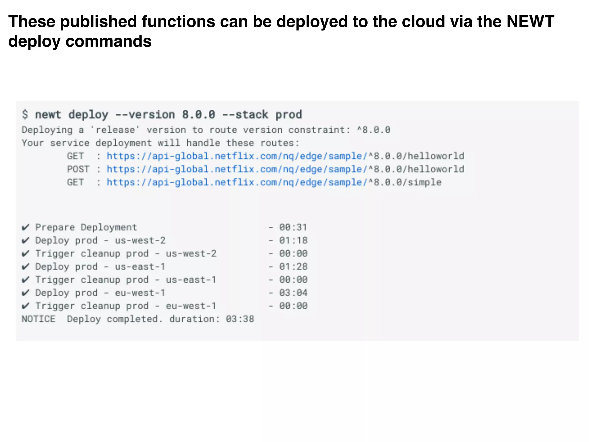 These published functions can be deployed to the cloud via the NEWT
deploy commands
S
 