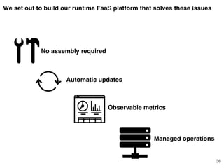 36
We set out to build our runtime FaaS platform that solves these issues
No assembly required
Automatic updates
Observable metrics
Managed operations
 