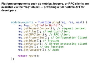 Platform components such as metrics, loggers, or RPC clients are
available via the “req” object — providing a full runtime API for
developers
module.exports = function ping(req, res, next) {
req.log.info('Hello World!');
req.getRequestContext(); // request context
req.getAtlas(); // metrics client
req.getDNAClient(); // RPC client
req.getProperties(); // Configuration Client
req.getEdgar(); // Tracing
req.getMantis(); // Stream processing client
req.getGeo(); // Geo location
req.getPassport(); // Auth
return next();
};
 