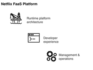 Netflix FaaS Platform
Runtime platform
architecture
Developer
experience
Management &
operations
 