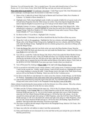 Directions: You will format the table. This is a graded lesson. The entire table should be done in Times New
Roman, size 12. Go to Insert, Footer. Select Mod, Odd Page, and type your name and class period.
Press enter twice to get started. To Landscape a document—Under Page Layout Tab, Click Orientation and
select Landscape. (Landscape means the document is wider than it is long).
    1) Draw a 6 by 11 table (Go to Insert Tab) Look to Bottom and Click Insert Table, Put in Number of
        Columns = 6; Number of Rows should be 11.
    2) Highlight entire Table, (keep highlight inside of table, not outside of table) Go to Layout, Look to far
        left and Select Properties from the Table Group. Go to Row Tab, Click Specify Height (Put check
        mark in Specify Height) Use up arrow to go to 0.3 and go to Cell, Select Center. Click OK.
    3) Highlight Columns 1-6 across. Under Layout Tab, in the Merge Group, Click Merge Cells. After
        merging the 6 columns to 1, keep the highlight on in the first row and in the Cell Size Group under
        Layout, Change Table Row Height to 0.5. In the Alignment Group under Layout, Choose Align
        Center (Middle of 2nd row of alignments).
    4) Go Down to Row 11 (Last Row). Highlight Cells 1-6 across.
    5) Repeat Number 3. Reminder, the Last Row should look like the First Row all the way across.
    6) Merge the 2 cells on the second row. Highlight the first two columns, and under Layout Tab, click on
        Merge cells, in the Merge Group. Going across, highlight the next two columns, and click on Merge
        cells under the Merge Group. Highlight the last two columns going across, and click on Merge cells,
        under the Merge Group.
    7) Under the Design Tab, select the Line Style at the very top in the Draw Borders Group. Drop the
        arrow next to the Line Style and choose any one style under the Double lines. Under Line Style, Click
        Line Width arrow and select 3pt.
    8) You will see a small Pen. Under the Design Tab, Select a Pen Color under the Draw Borders Group.
        (Drop arrow to select the color. Click Line Width and select 3 pt. Click the outside of the table, by
        clicking the top border on the line, left side on the lines, right side on the lines, bottom of table on the
        lines, and be sure to separate the top of the table and the bottom of the table as shown. Click Undo on
        the QUICK ACCESS TOOLBAR if you mess up or put a border where you should not.
    9) Turn off the pencil by clicking on Draw Table at the right under Draw Borders Group.
    10) Go to second row and under Layout, merge columns 1 and 2 going across. Continue to merge columns
        3 and 4 on the second row. Finally, merge columns 5 and 6 on the second row. Highlight the second
        row to begin shading or coloring the table. Under Design, look to the right of the Table Styles Group
        and you will see the Bucket for Shading. Select one color for the 3 columns across.
    11) Go down to the third row and alternate two colors across the columns. (Under Design, use the bucket
        for shading). Remember to look at the name of the color or position of color that you are selecting.
    12) Type all the information by using tab to get to the next cell. You will bold (select “B”) in the Font
        Group) and Center (select Center in the Paragraph Group) the first 3 rows of the table.
Adjust columns by positioning the mouse pointer on the line between two of the columns. Move the columns
over a little bit to make the names fit in the first two name columns.
    13) Make sure the (3) Name columns are the same size. Click in the (3) columns where you have the
        Name headings. Under Layout Tab, Go to Table Properties on the far left, select the Cell Tab. Check
        Preferred Width and type in1.76. Go to1st Life Column, and right click to go to Table Properties,
        select the Cell Tab. Check Preferred Width and type in 1.09 for the first Life column. Go to the
        second Life column and right click and go to Table Properties, select the Cell Tab. Check Preferred
        Width and type in 1.09. Go to the third Life column and right click and go to Table Properties, select
        the Cell Tab. Check Preferred Width and type in 1.09 for the final Life heading. Type all text from
        handout. Tab to go to the next cell across. Fix errors as you type.
    14) The source is typed at the left margin (Align left) in the Paragraph Group. Italicize USA Today. (See
        Italic (I) in the Font Group.
    15) Space once after the web address to make it turn blue automatically.
    16) Parks and Chisholm are now deceased. Go on line and find out the year and put the year in the table
        that they passed away.
 