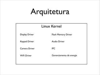Arquitetura
Linux Kernel
Display Driver

Flash Memory Driver

Keypad Driver

Audio Driver

Camera Driver

IPC

WiFi Driver

Gerenciamento de energia

 